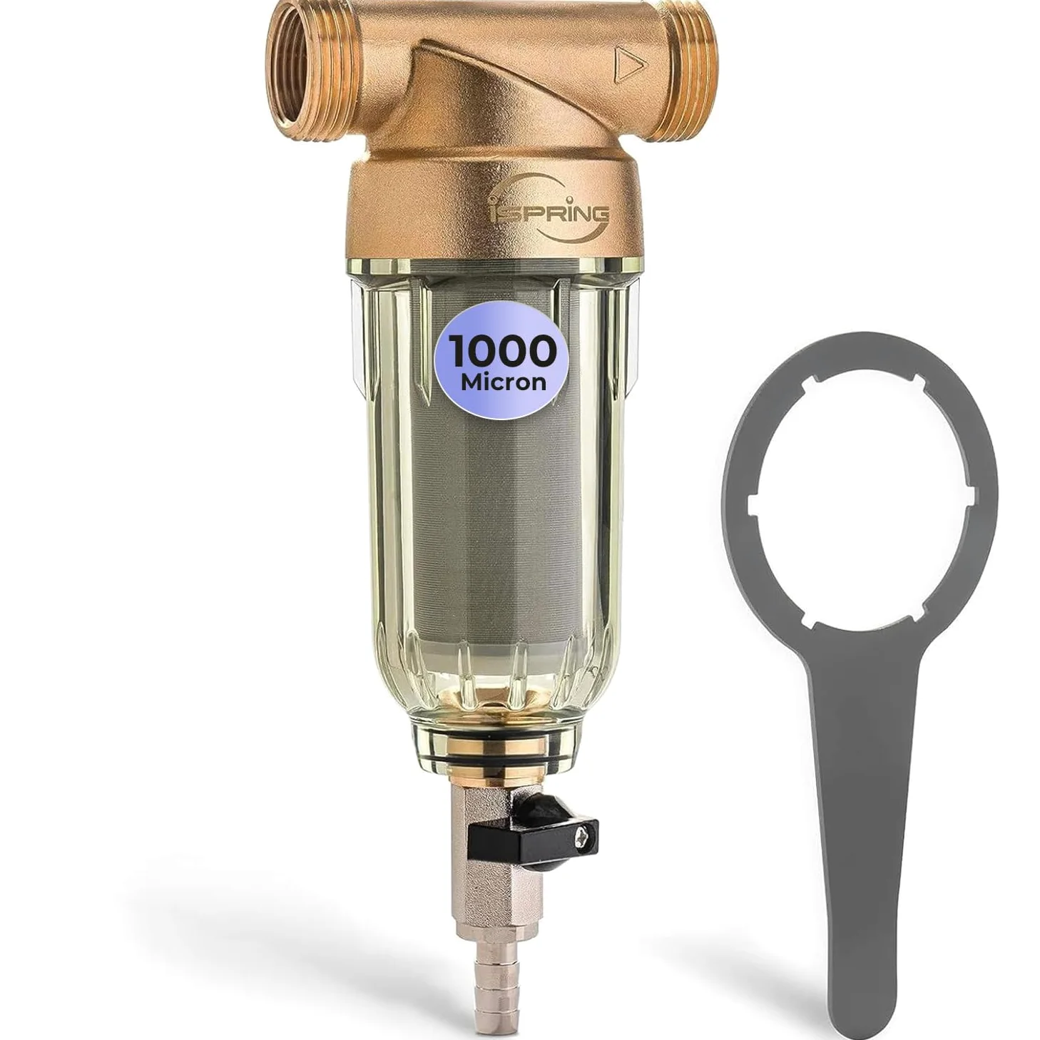 iSpring WSP-1000 Filtro de agua de sedimentos reutilizable para toda la casa, 1000 micras, filtración de prefiltro desechable, 20 GPM, MNPT de 1 pulgada + 3/4 pulgadas FNPT, latón