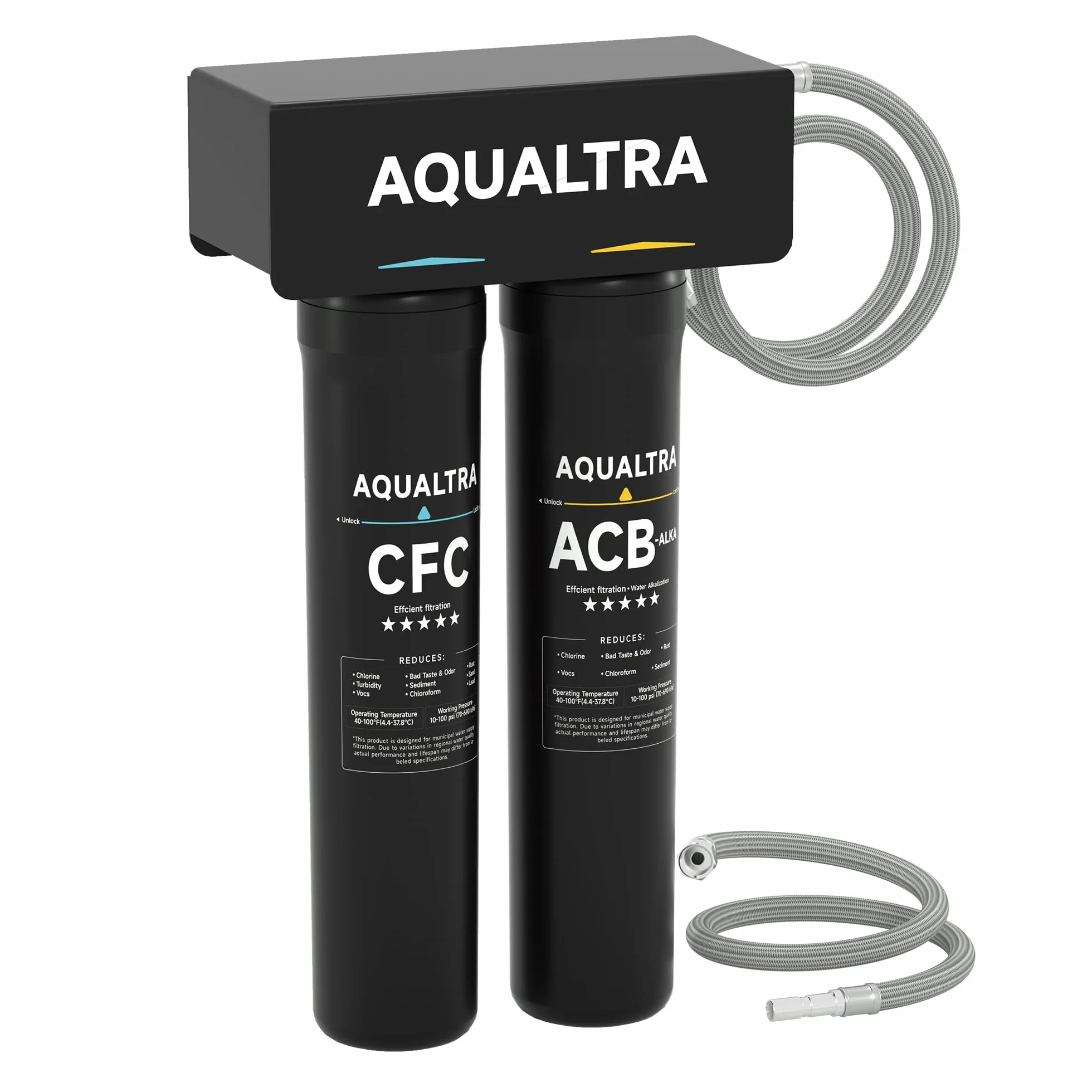 AQUALTRA USF-2B-10 Sistema de filtro bajo fregadero ligeramente alcalino, 75700 L, reduce PFOA, PFOS, cloro, plomo, mercurio, cloramina, fluoruro, partículas de microplásticos, mal sabor y olor
