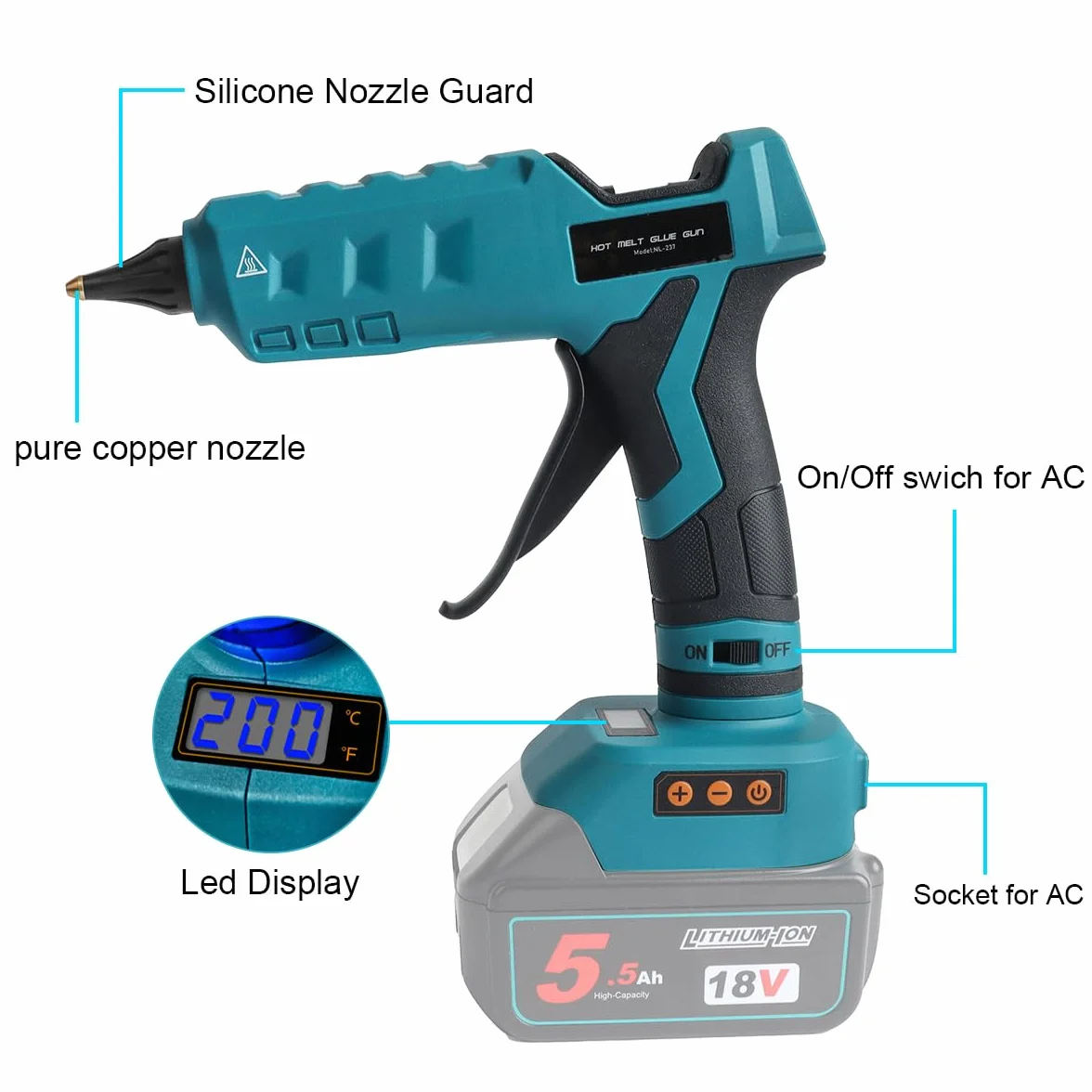 Pistola de pegamento termofusible inalámbrica para batería Makita 18V de 11 mm, tiempo de calentamiento rápido, boquilla de cobre versátil y precisa para proyectos de bricolaje, manualidades y