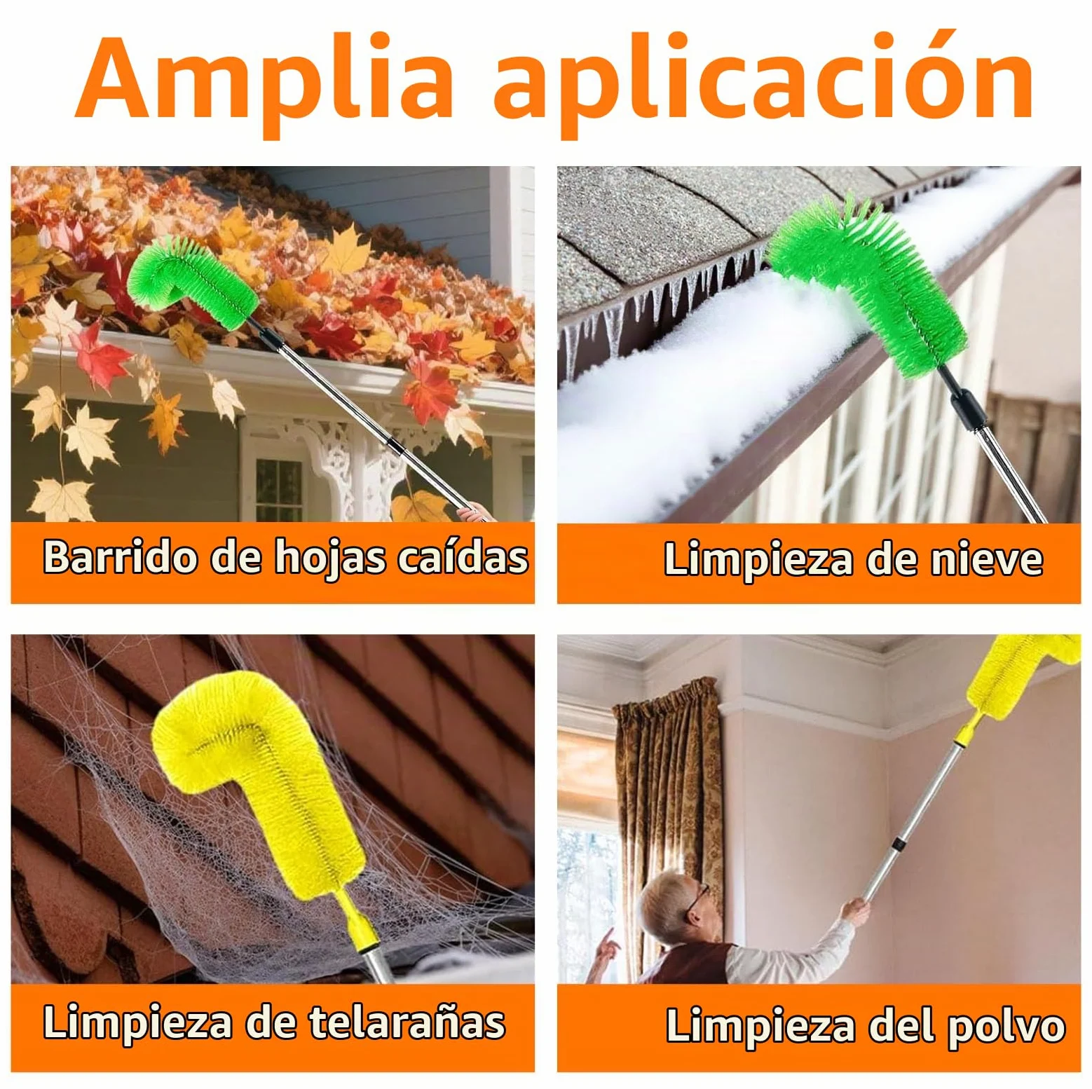 Herramienta Limpieza Canalones con 8 Poste Telescopico Acero Inoxidable, Limpiador Hojas Techos Extensible 310 cm, Cepillo Limpiar Nieve Tejado (Verde+ Amarillo)