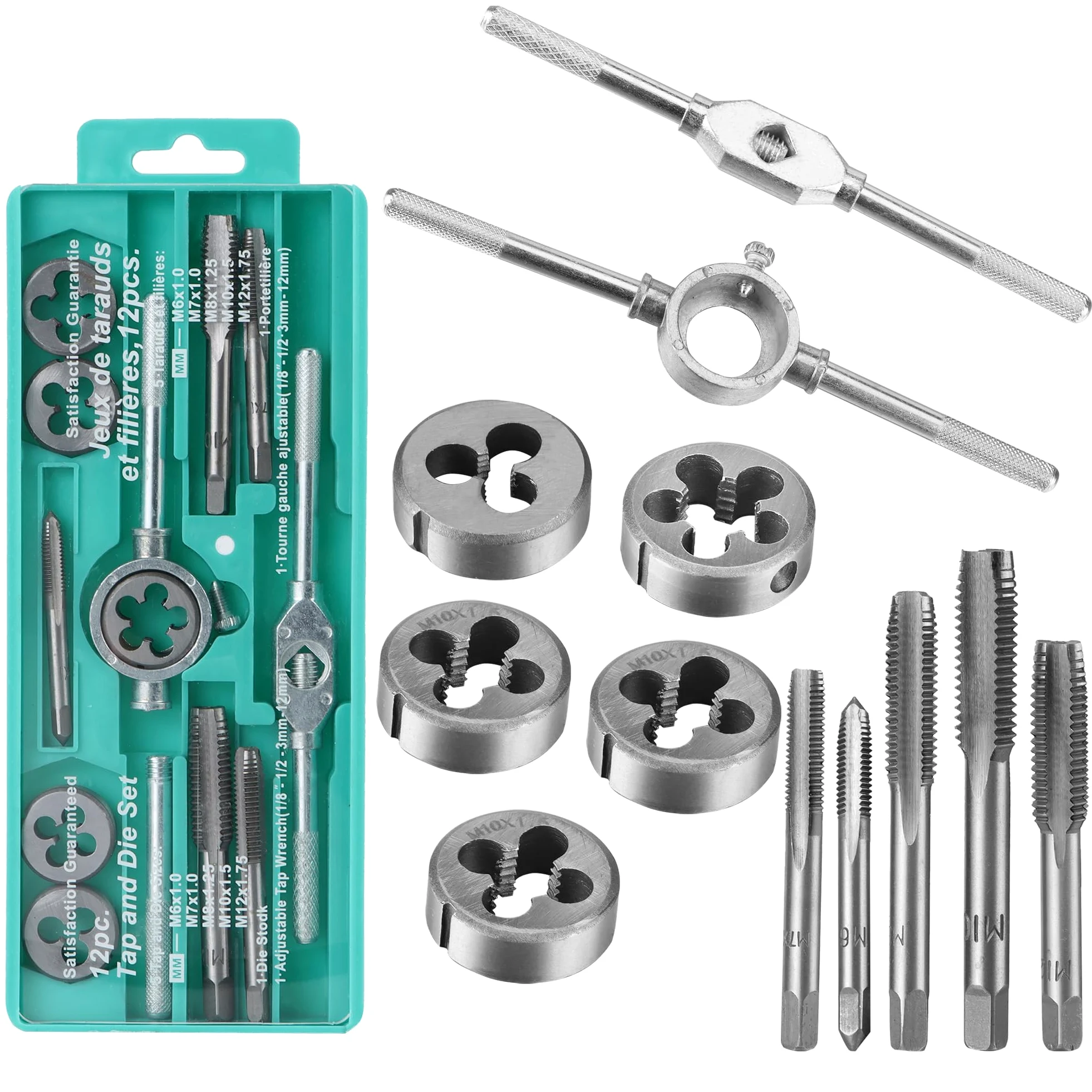 Juego de Terrajas y Machos de 12 Piezas Troqueles Métricos | Grifos y Manijas de LLave Juego de Herramientas Manuales Profesionales para Cortar, Roscar, y Moldear Tuercas