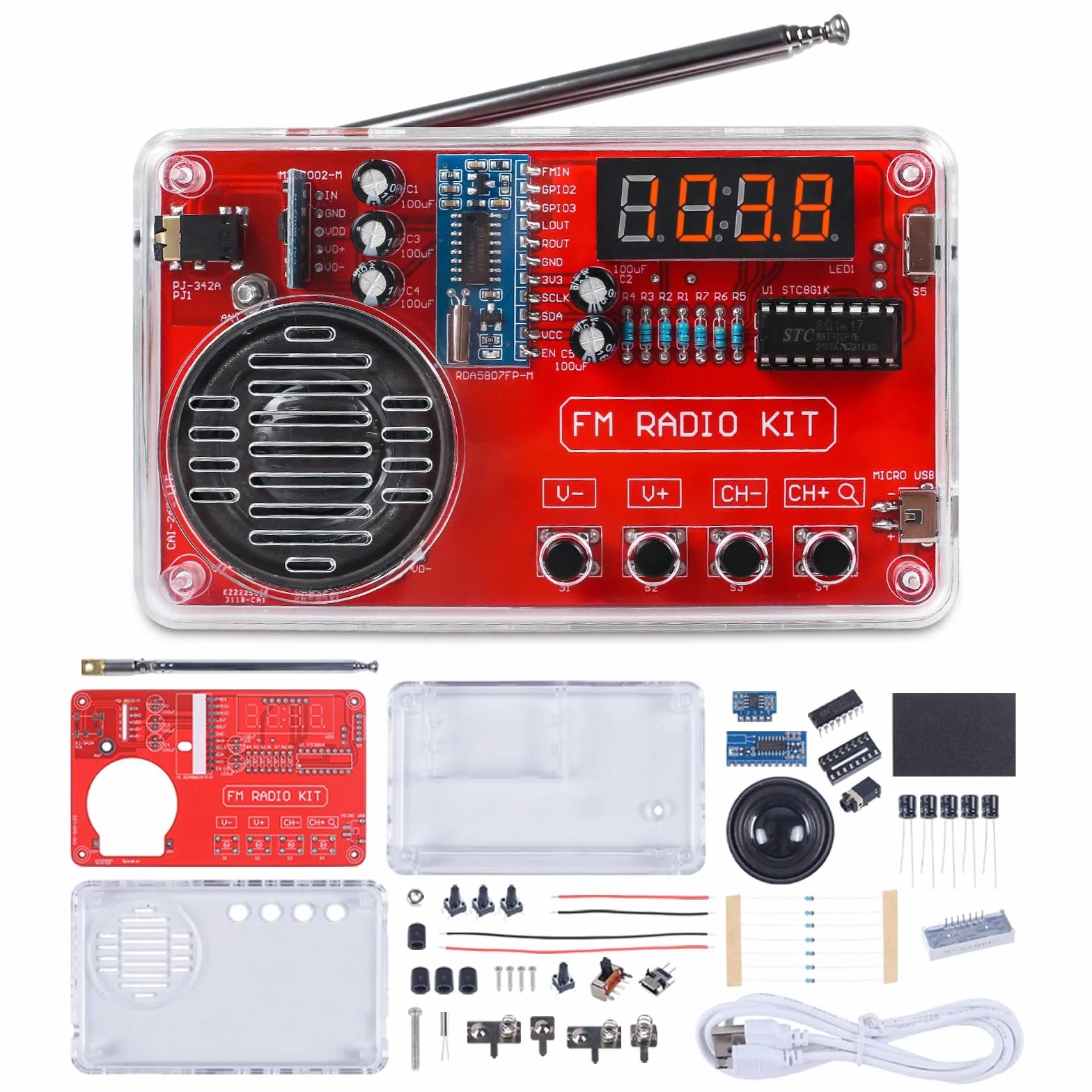 Pemenol - Kit práctico de soldadura para radio con auriculares y pantalla digital USB, kit electrónico para estudiantes, educación y bricolaje, entrenamiento, para adultos, regalo de Navidad