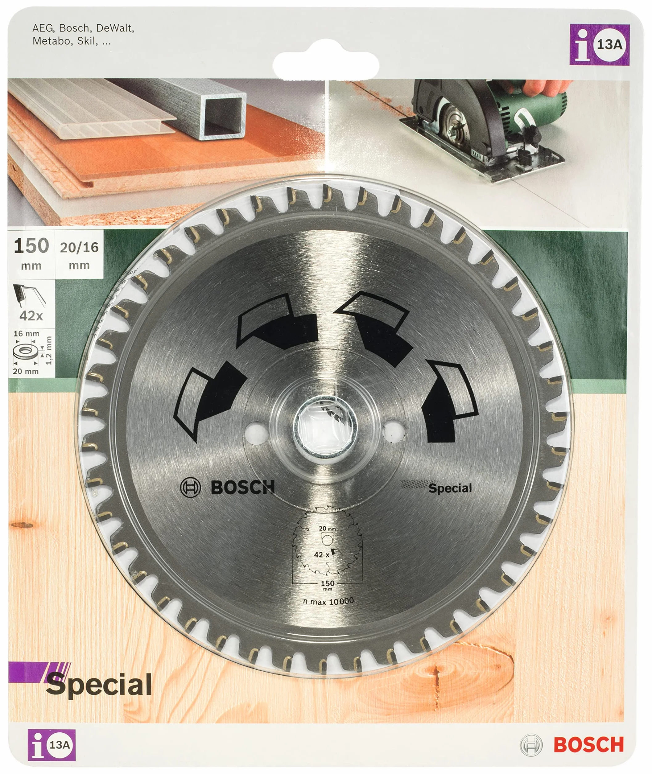 Bosch 1x Hoja de Sierra Circular Special (para Madera, Metales no Ferrosos, Plásticos, Ø 150 x 2.2/1.6 x 20/16 mm, 42 Dientes, FT, con 1x Anillo de Reducción 16 mm, Accesorios Sierras Circulares)