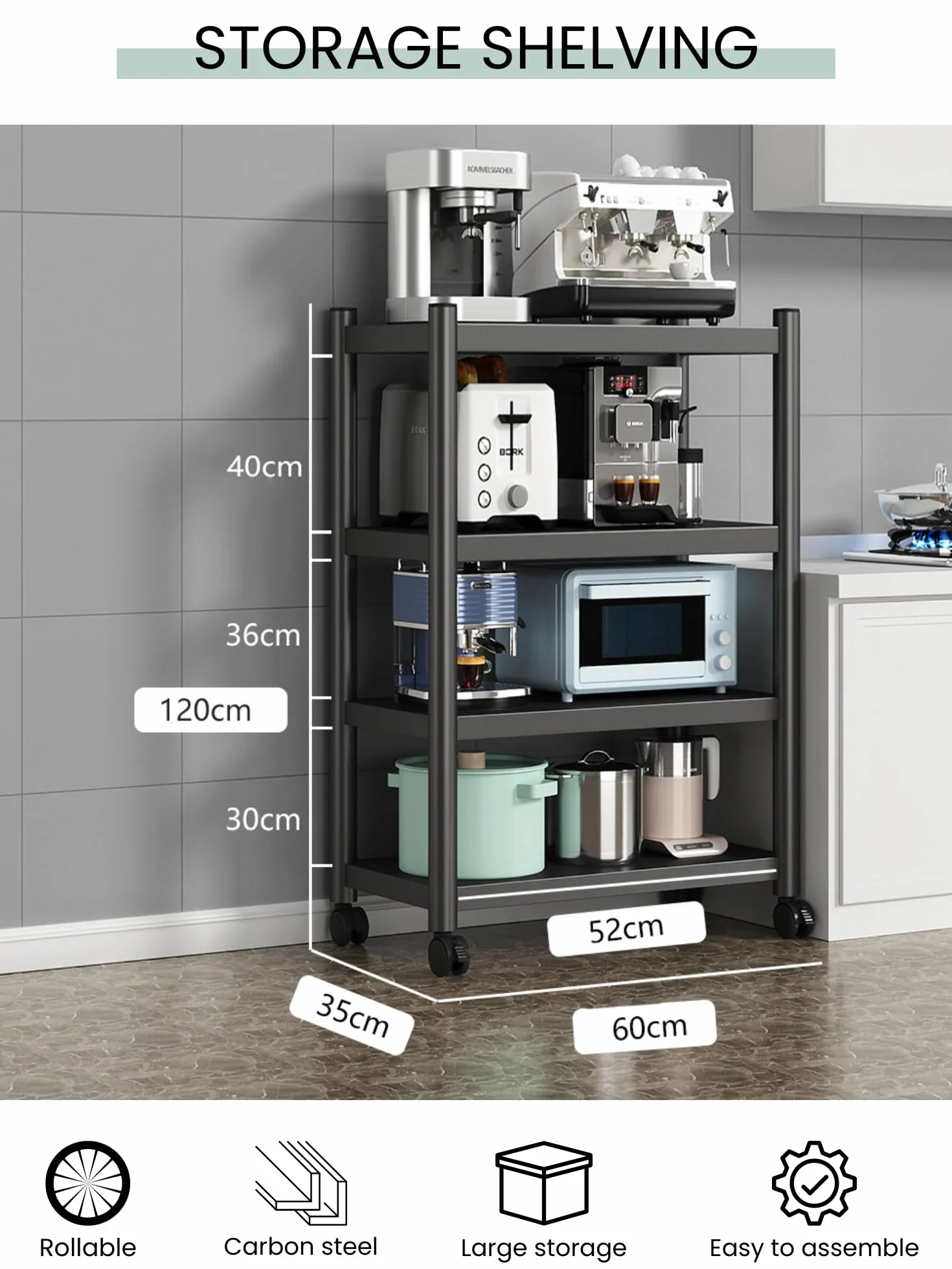 MAGIC SELECT Estantería para Almacenaje,Estante con Ruedas, Estantería de Pie,Repisa Metálica Multiusos, Mueble para Cocina, Baño, Habitación, Garaje, Salón con 4 Baldas de Almacenamiento.