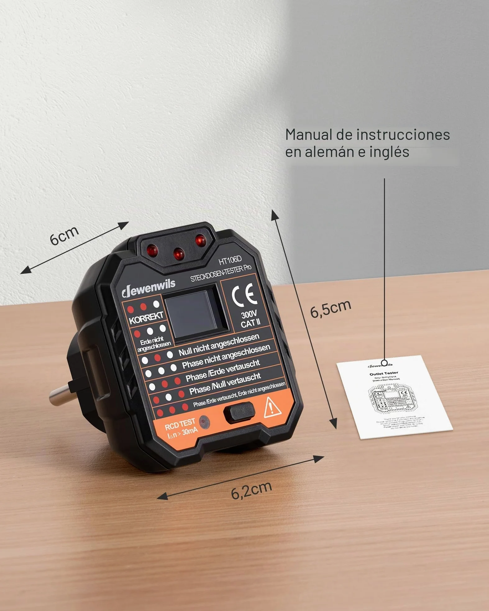 DEWENWILS Probador de Enchufes con Prueba RCD y Pantalla de Voltaje LCD, Pantalla de Luz Indicadora, Prueba FI, 48-250V/45-65Hz, CAT ll 300V