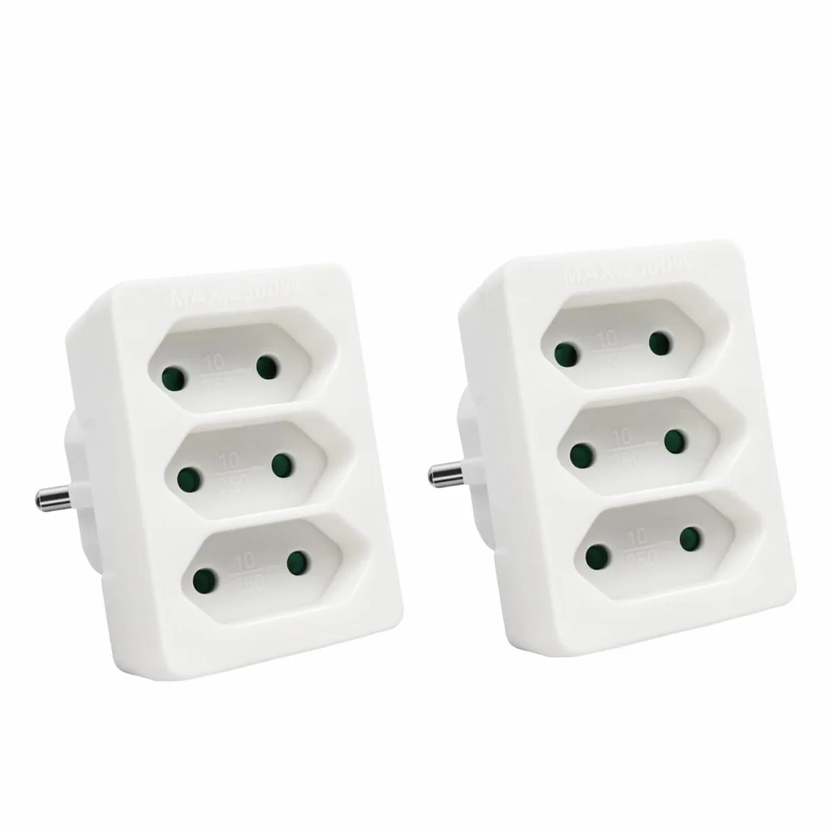 EXTRASTAR 3 en 1 Adaptador Plano con 3 Enchufes Schuko, 2300W, 10A, 250V, Blanco, 2 pcs