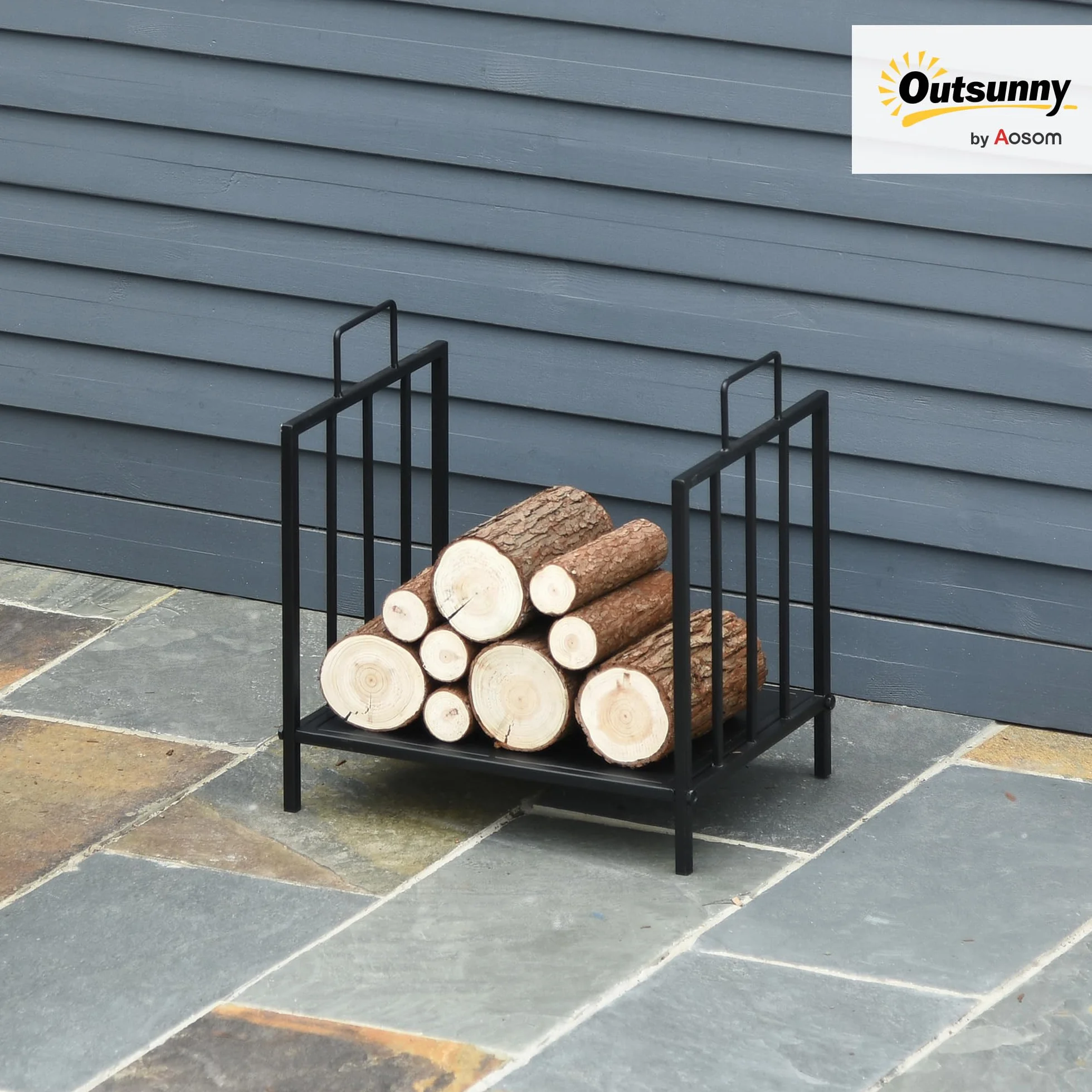 Outsunny Estante de Leña para Chimenea Tradicional Leñero Interior y Exterior Almacenaje para Madera Soporte para Leña con Asas Diseño Elevado 44,5x33x46,5 cm Negro
