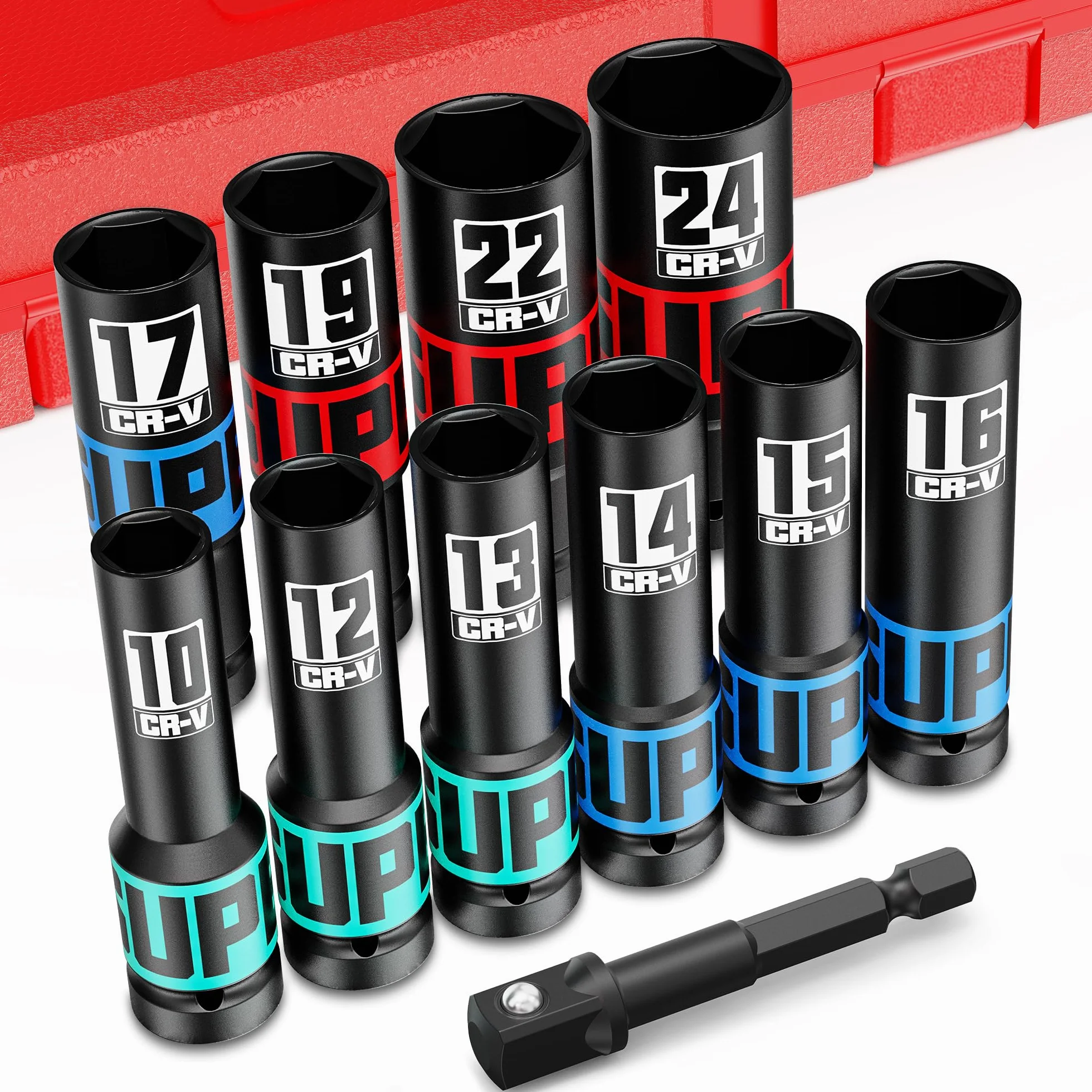 11 Piezas Juego de Llaves de Vaso, 10-24mm llaves de Vaso Impacto 1/2“, con 1/4" a 1/2" Adaptador de Dado, Vaso de Impacto Ferramentas Auto para Reparación de Coches Cambio de Neumáticos
