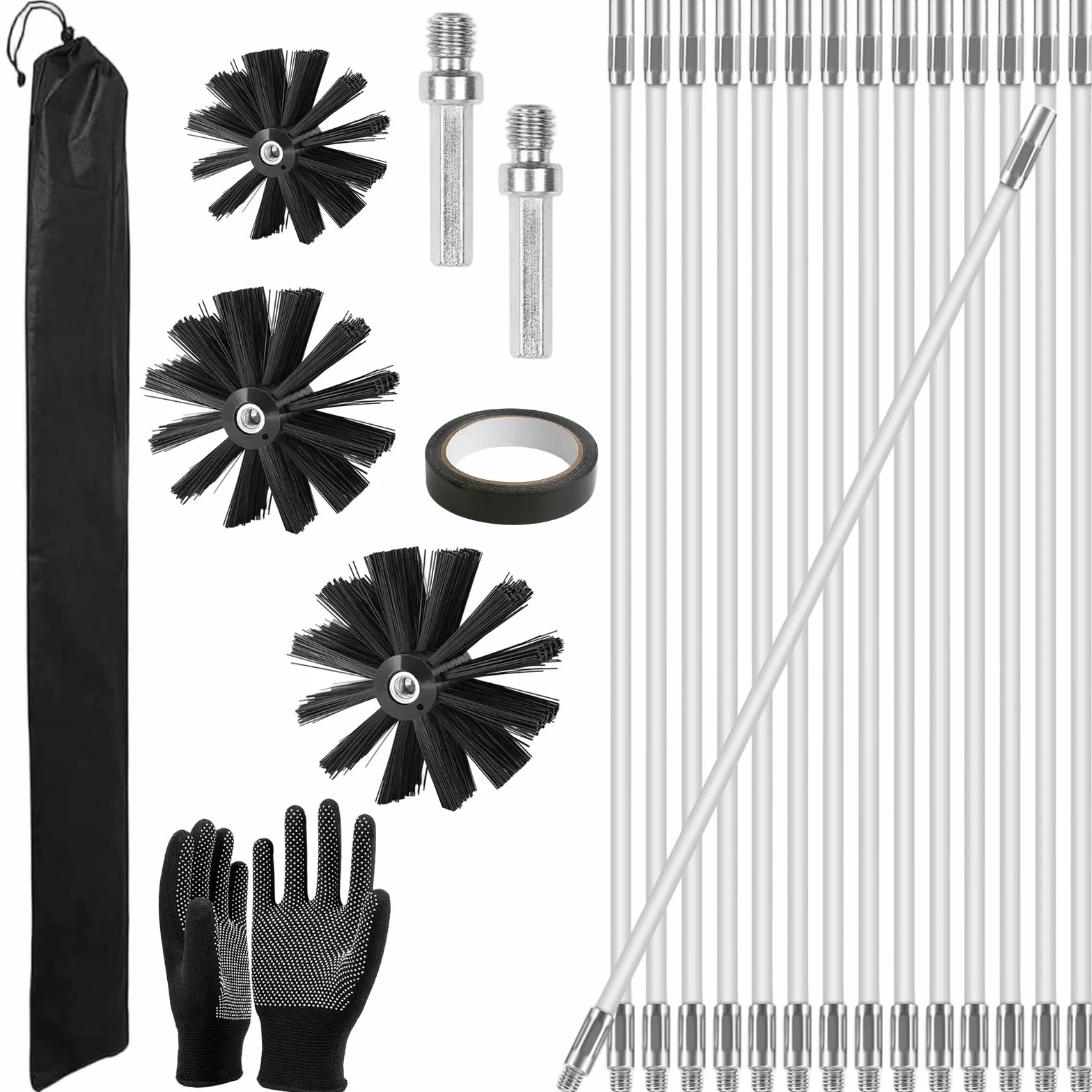 23 Piezas Cepillo Chimenea Kit con 3 Cabezales, 15 Varillas Deshollinador de Chimeneas Flexible 410mm, Limpia Tuberias Cepillo Limpieza Chimenea para Chimeneas Secadora Alcantarillado Campana Humos