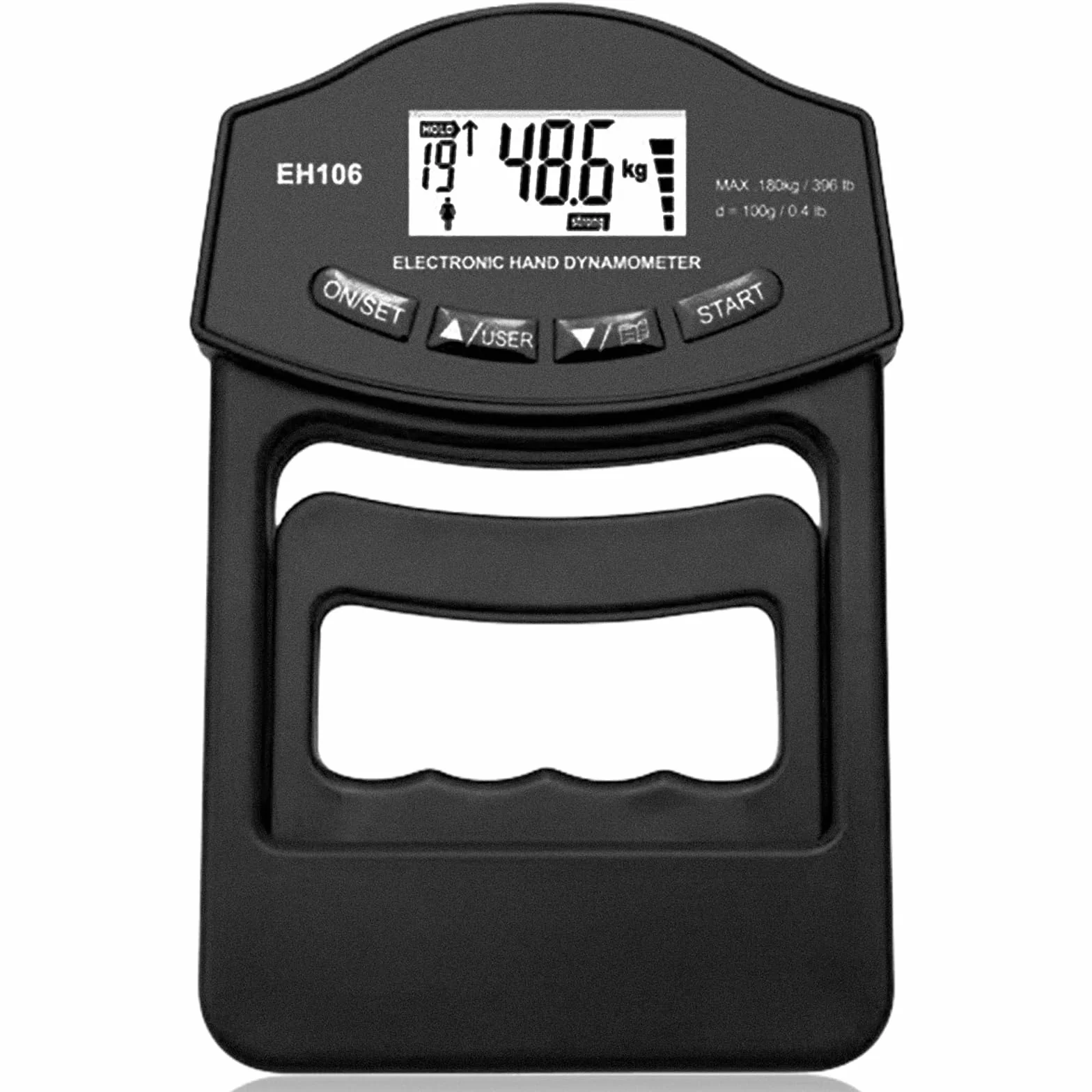 Medidor de fuerza digital manual, 396 lb/180 kg, color negro, dinamómetro de mano con cable de carga USB, gran pantalla LED