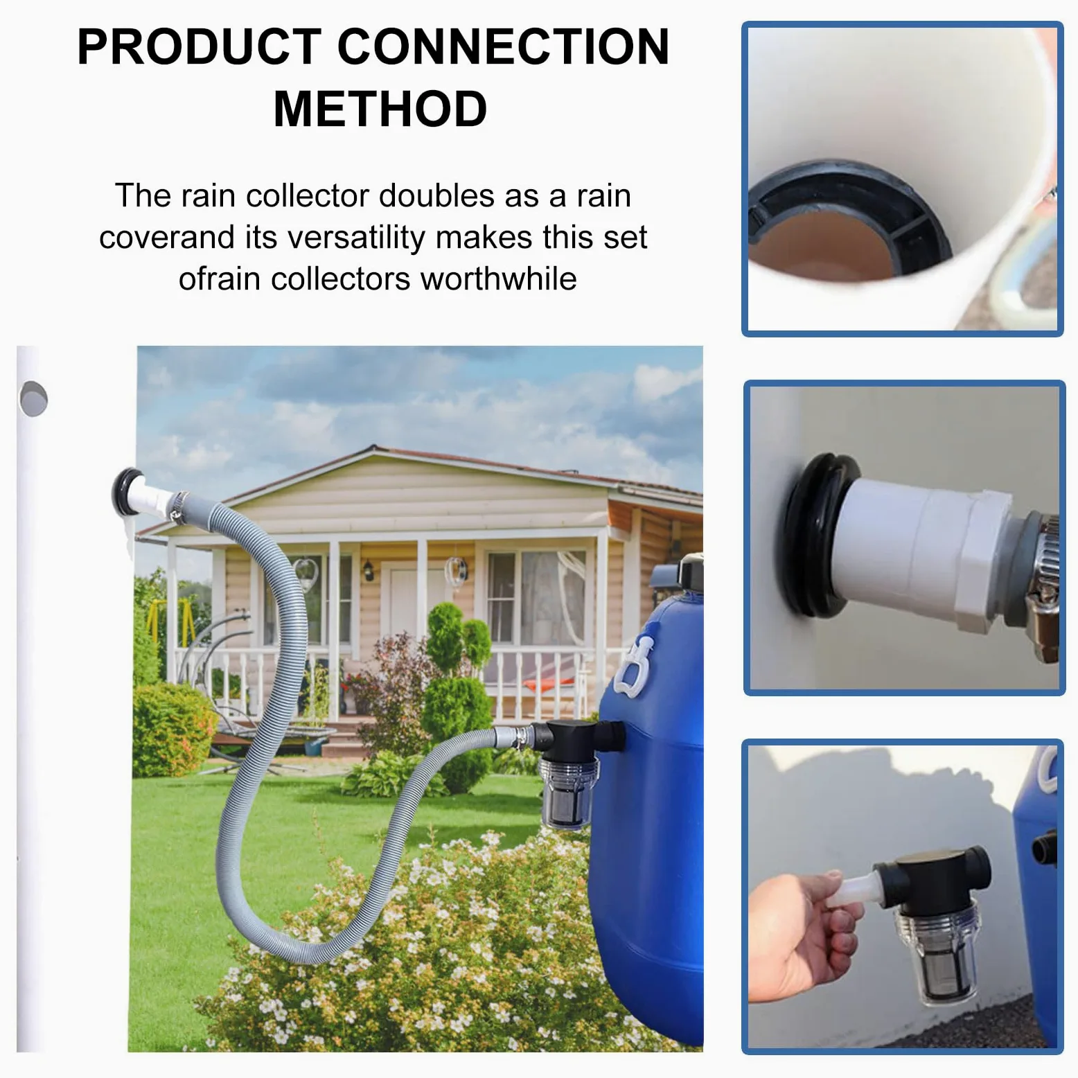 Colector de Lluvia para Bajantes de 70-100 mm, Colector de Agua de Lluvia con Filtro para Techos de hasta 80 m², Juego de Conectores para Barril de Lluvia, Colector de Lluvia