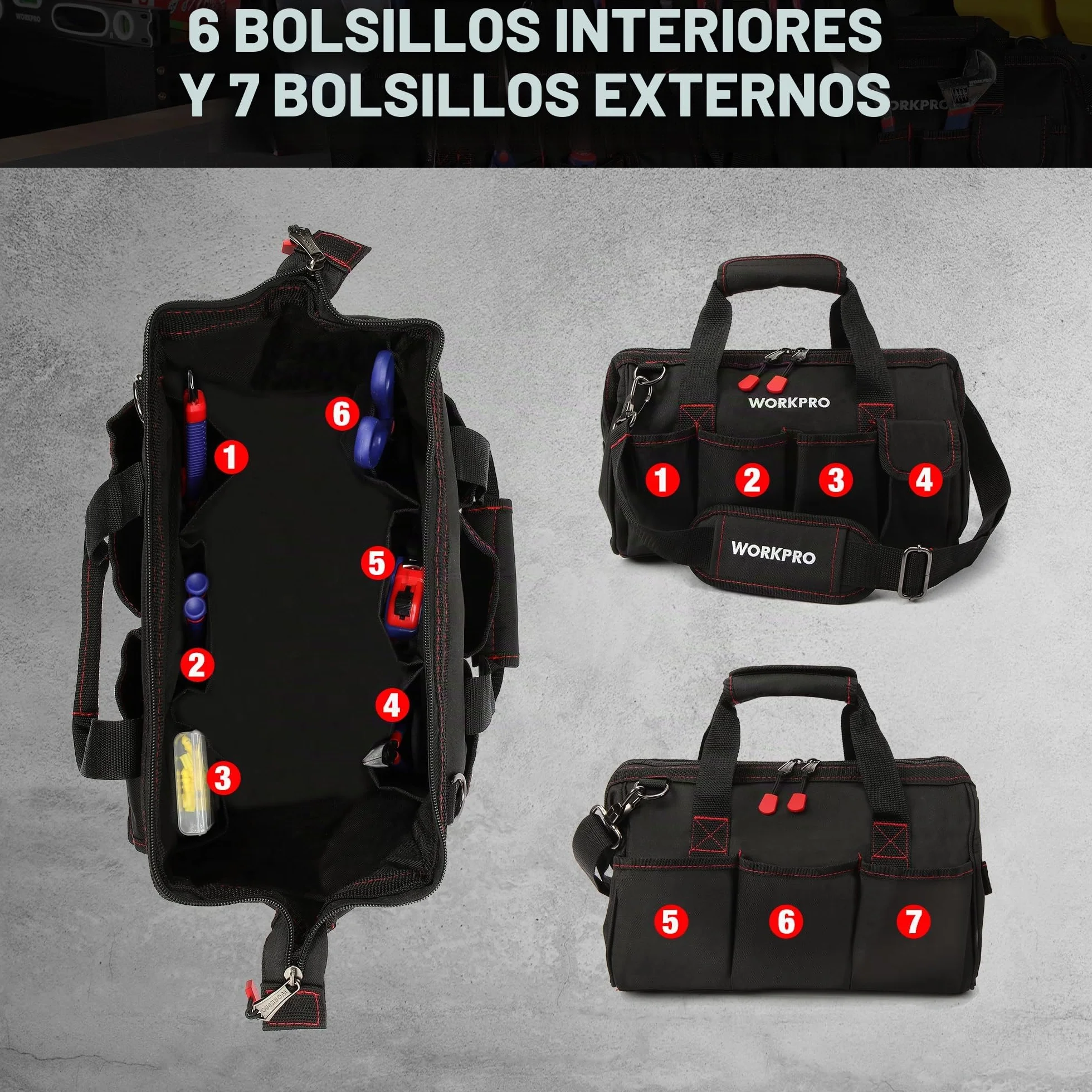 WORKPRO W081021A Bolsa de herramientas, bolsa de almacenamiento de boca ancha multiusos, 14 pulgadas, azul, negro