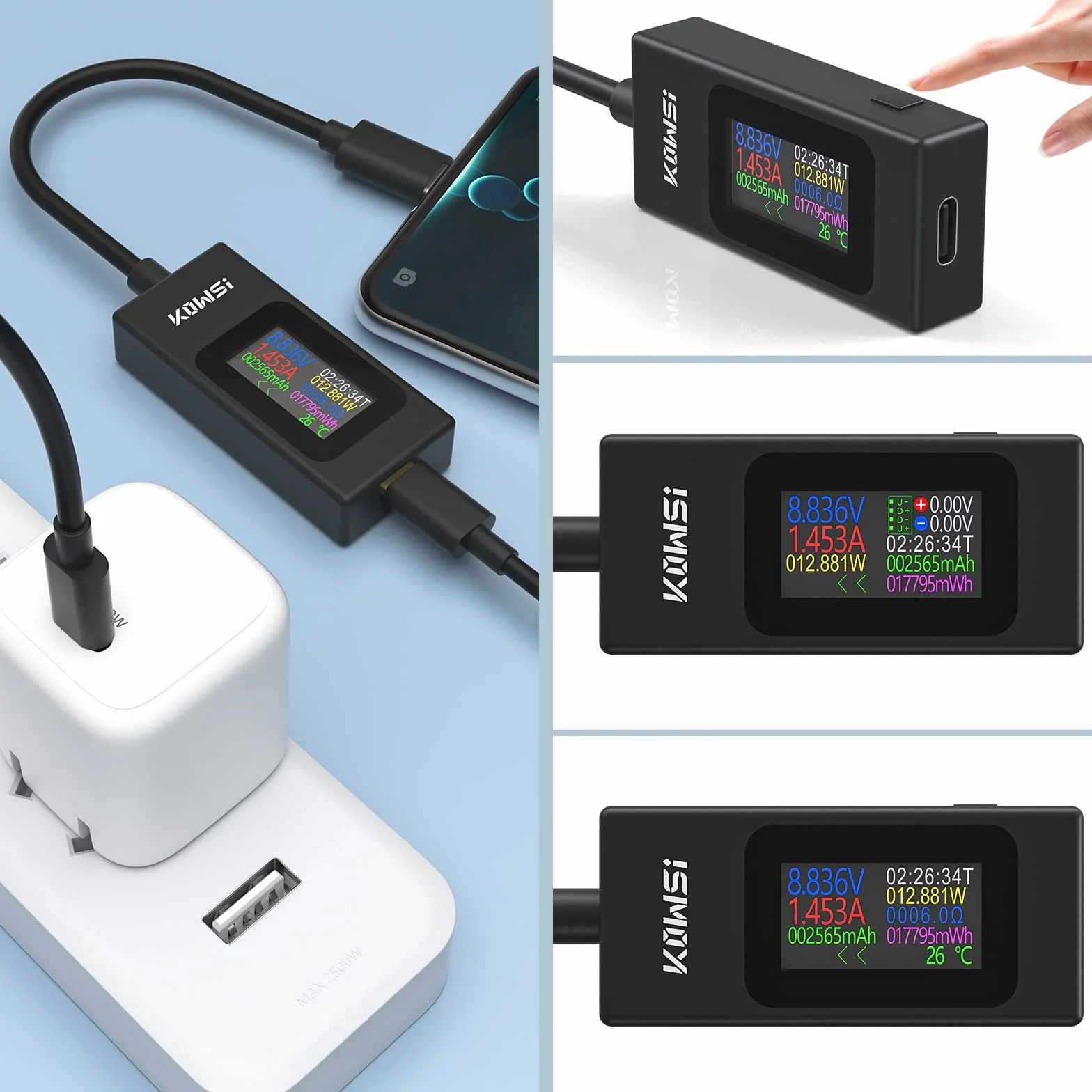 YOJOCK USB C Tester Medidor de Potencia 4-30V 0-6.5A Medidor de Voltaje y Corriente, Capacidad USB, Temperatura de Trabajo Amperímetro Voltímetro Banco de energía Cargador Detector