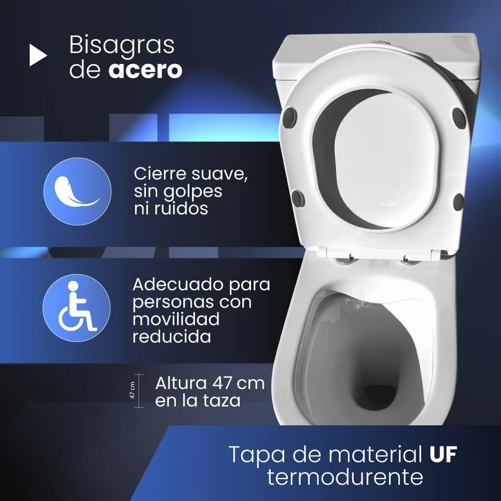 Inodoro Adaptado para Personas con Movilidad Reducida - WC con Sistema Rimless Antibacterias - Váter Ergonómico con Tapa UF Amortiguada y Altura Accesible - Salida Dual Eficiente