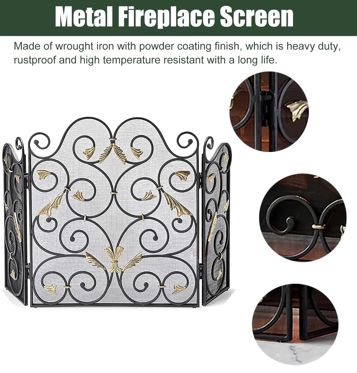 Salvachispas Chimenea Mamparas Negras para Chimenea de 55" de Ancho X 35" de Alto, Cubierta Protectora Plana de 3 Paneles para Estufa de Leña Rústica Vintage, Malla Plegable Antichispas para Leña