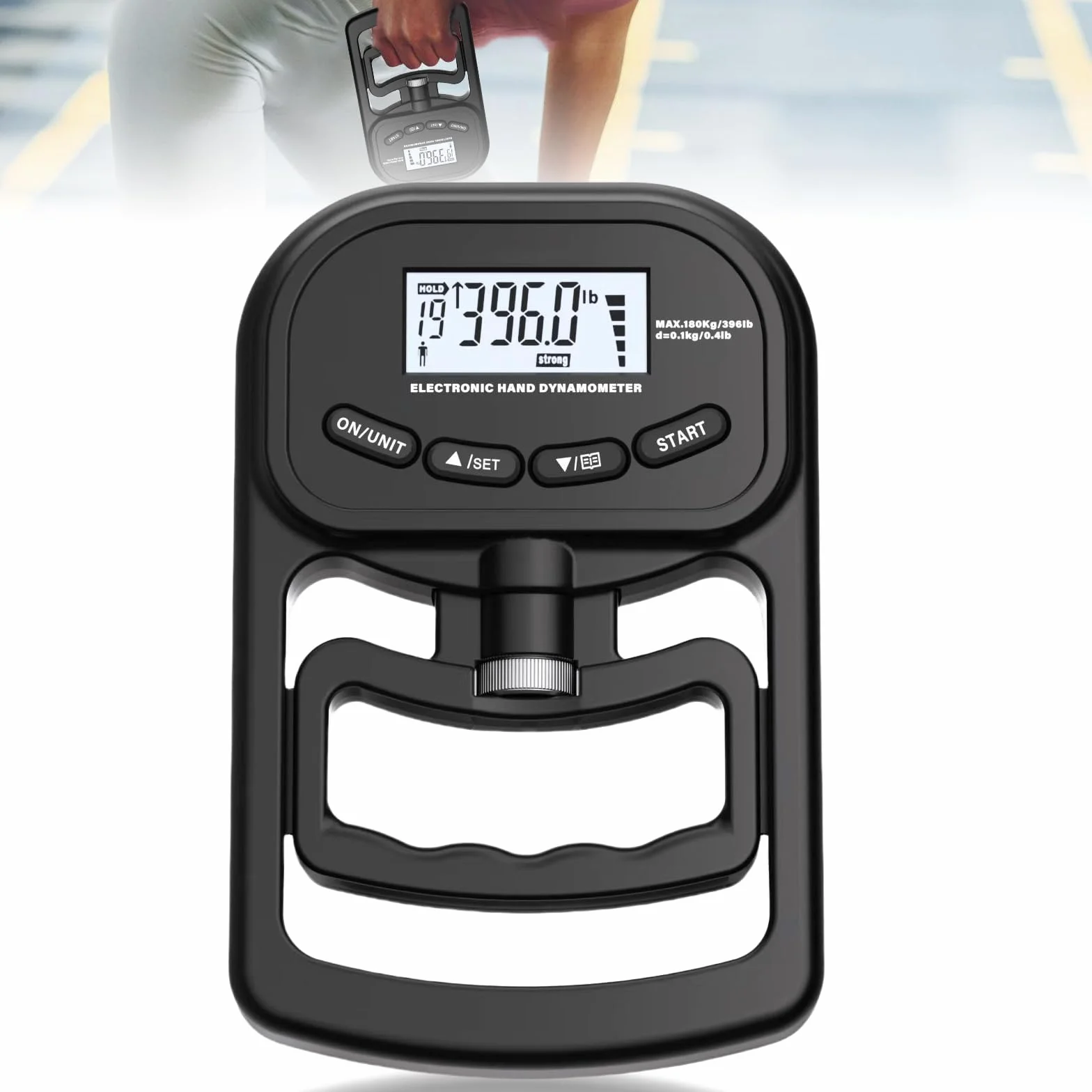 Medidor de fuerza digital manual, 396 lb/180 kg, color negro, dinamómetro de mano con cable de carga USB, gran pantalla LED