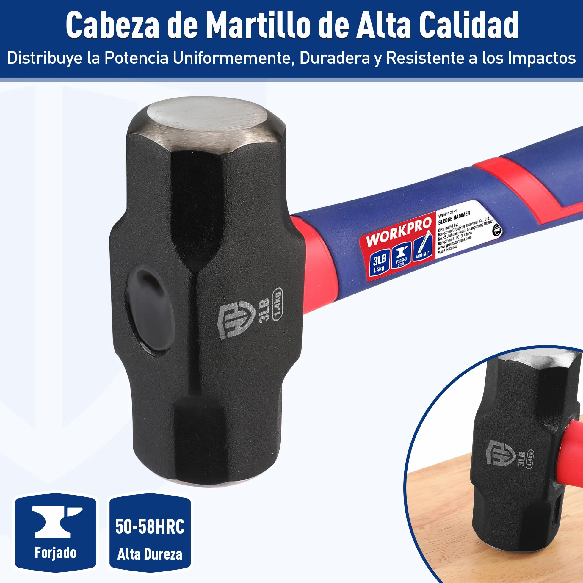 WORKPRO Martillo de Club de 3 LB/1,4 KG con Mango de Fibra de Vidrio, Martillo de 35,5cm, Cabeza de Acero Forjado y Tratado Térmicamente, para Construcción, Roca, Carpintería, Cincelado, Hogar