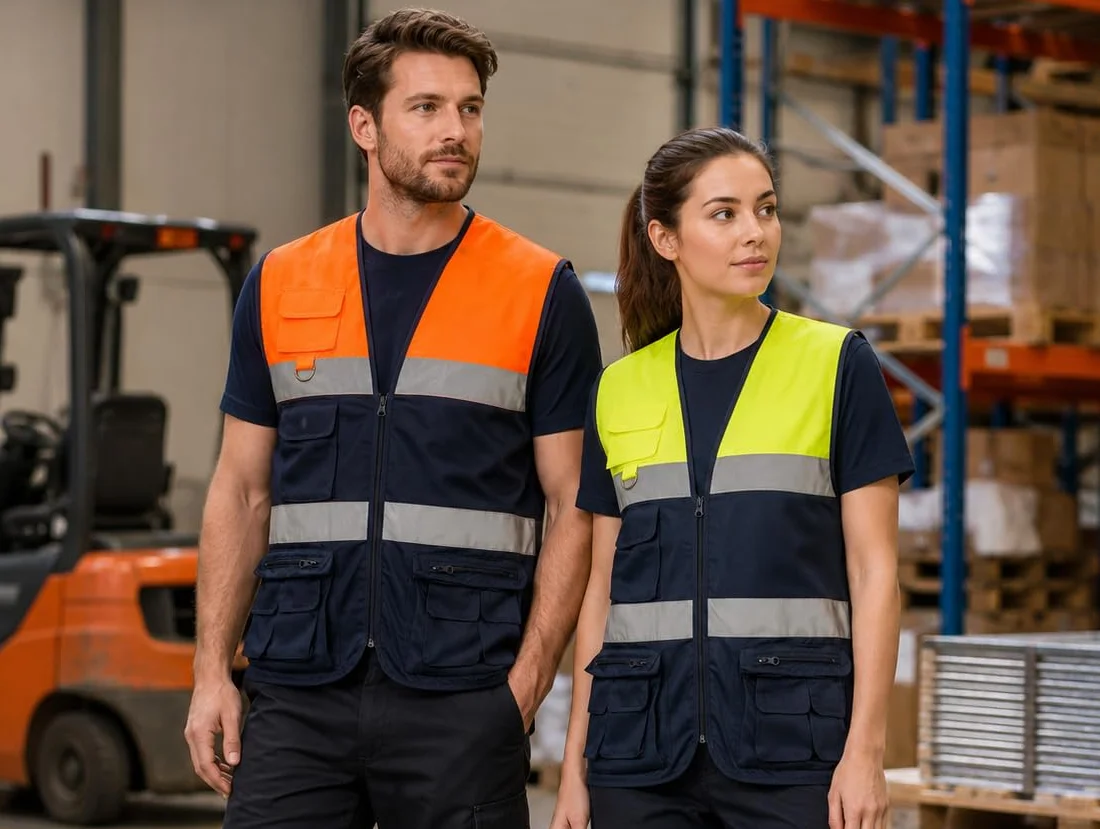 WORKTEAM Chaleco de Trabajo, Tipo Safari, Alta Visibilidad con 2 Cintas Reflectantes, Multibolsillos. Unisex