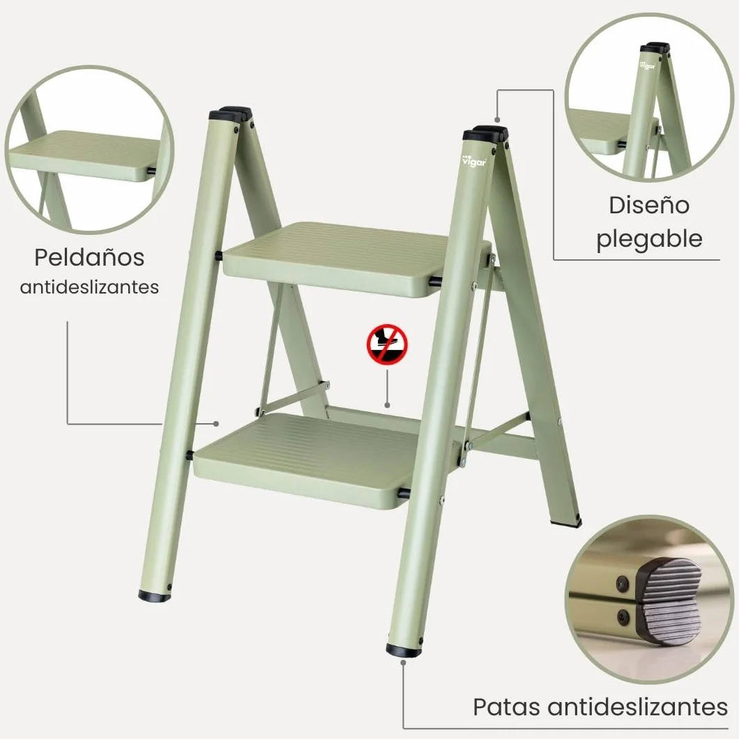 Vigar Escalera Plegable - 2 Peldaños de Acero, Taburete Plegable Portatil Antideslizante con Asa Metal, Taburete Escalera Banquito Step Stool hasta 150 kg, Compacto Ligero para Cocina Hogar - Verde