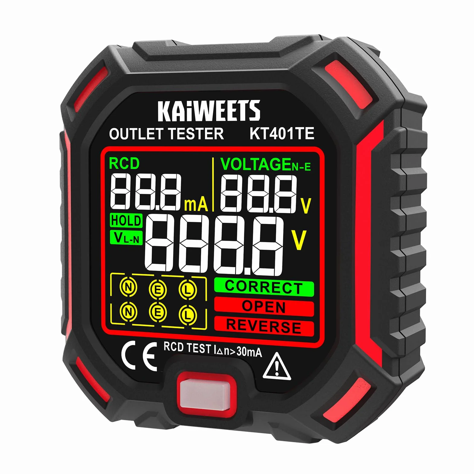 KAIWEETS Comprobador de enchufes con prueba de RCD y pantalla LCD de voltaje, indicador de tensión, 7 pruebas de cableado, medición de tensión de fuga, comprobador de enchufes 200-250 V, CAT II 300 V