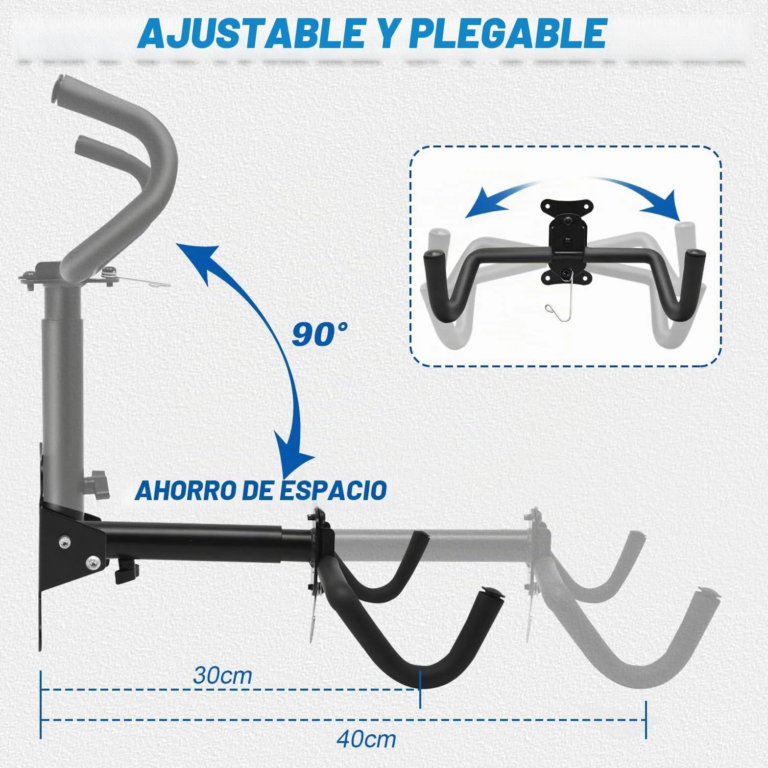 Soporte de Pared para Bicicleta, Plegable Colgador Bicicleta Pared con Gancho para Casco, Espuma Acolchada Capacidad de 30Kg Distancia Ajustables Colgar Bicicletas Pared para Garaje, Interior
