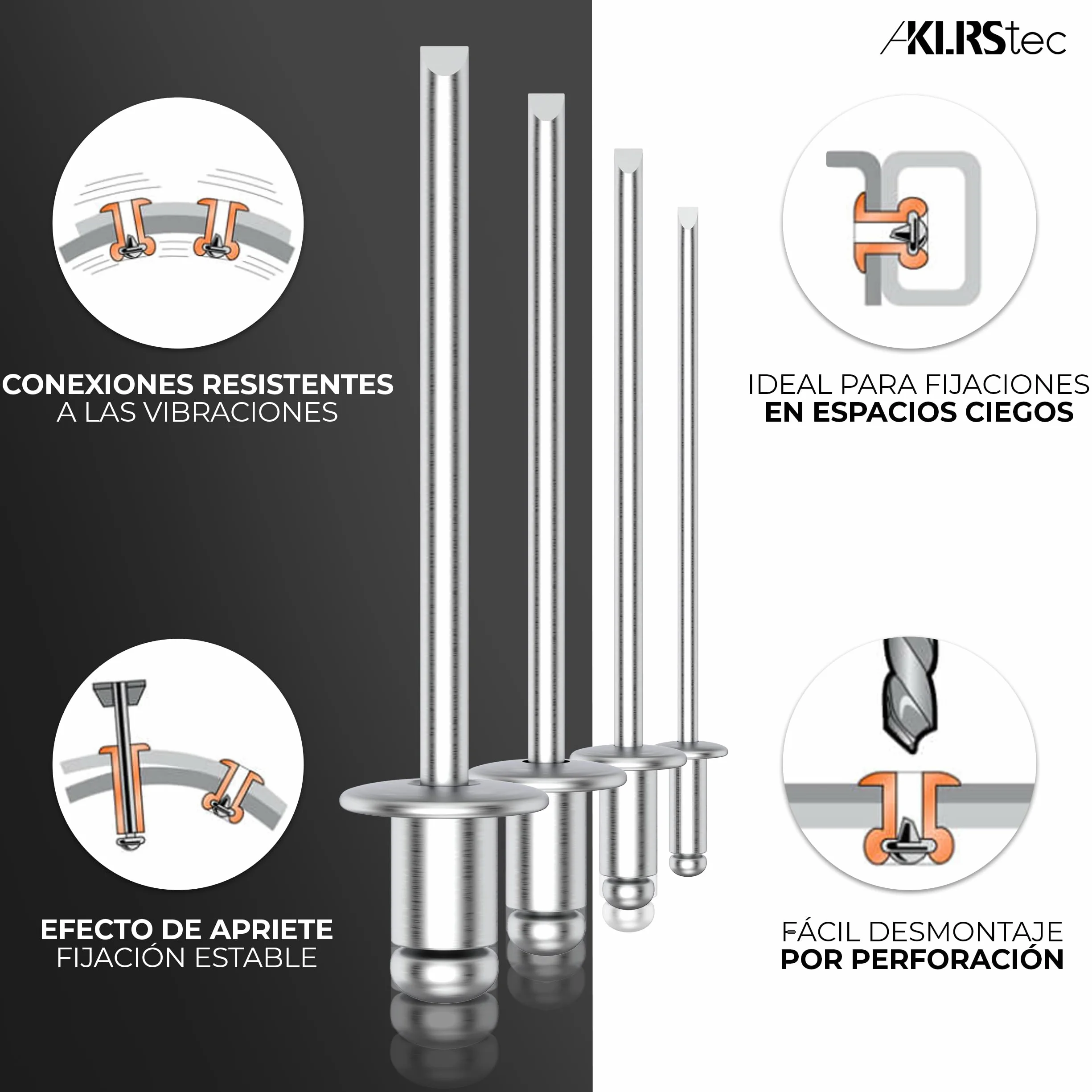 KLRStec Profesional Juego de Remaches Ciegos 500 Piezas de Aluminio y Acero para Remachadora – 125 Piezas de Cada Tamaño 2,4 mm, 3,2 mm, 4,0 mm y 4,8 mm