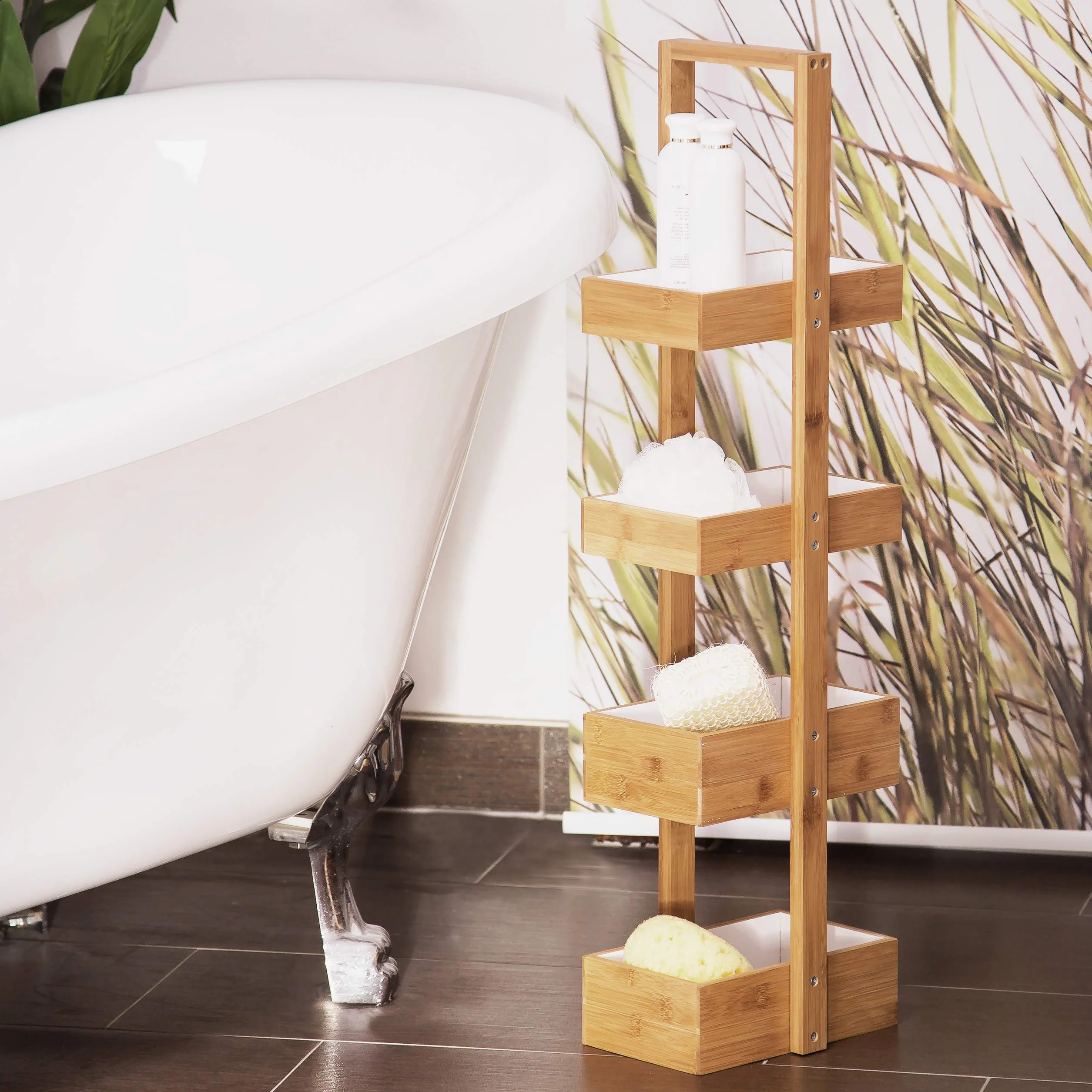 Relaxdays Estantería Colgante Bambú 4 Bandejas Ducha Baño 88,5 x 25,5 x 18,5 cm Natural
