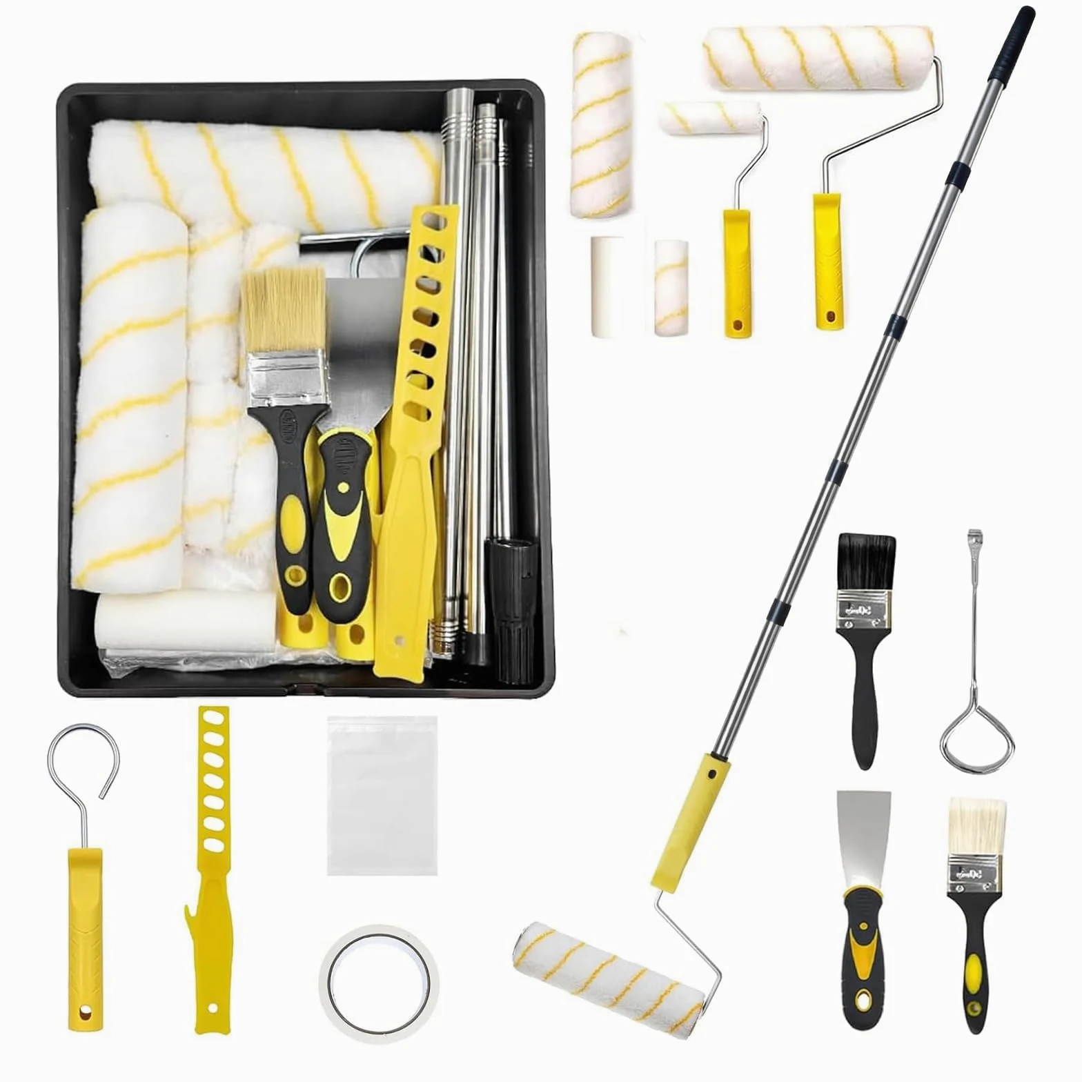 Kit de Pintura 17 Piezas – Rodillos 23 cm y 10 cm, Bandeja, Brochas, Barra Extensible 1,5 m – Set Profesional Antigoteo para Paredes y Techos