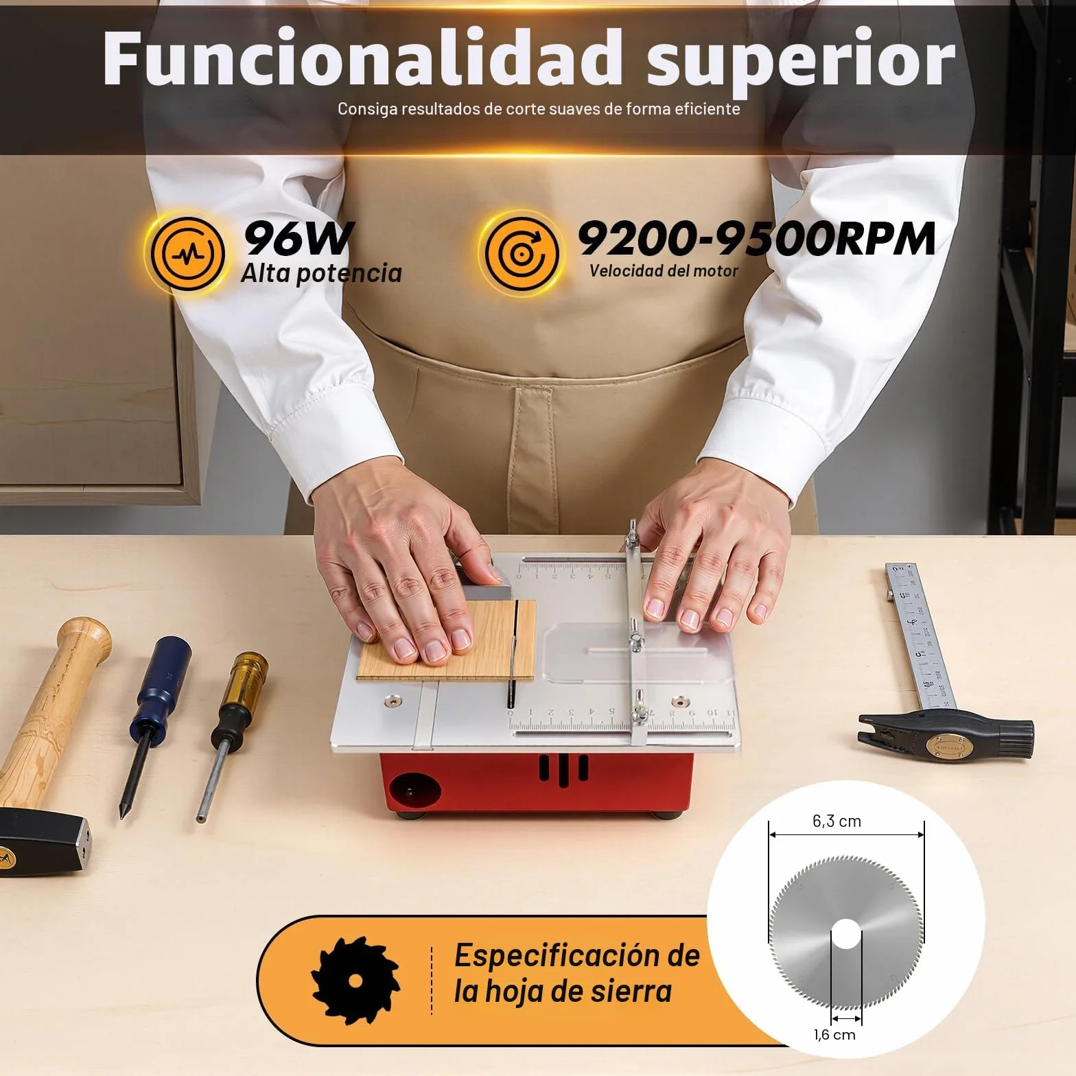 Mini Sierra Circular de Mesa 96 W, Sierra de Precisión para Bricolaje, Madera y Metal, 9200 rpm, 14 mm de Corte, Extracción de Polvo, Ideal para Manualidades