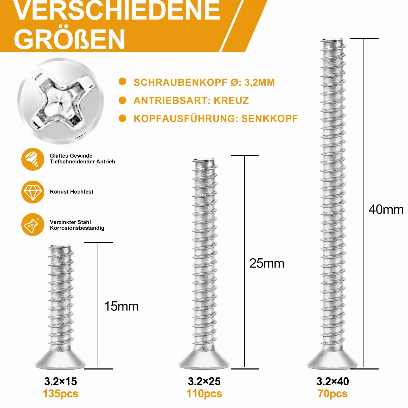 VIGRUE 315 tornillos para cajas de interruptor, caja surtida, diámetro de 3,2 x 15 mm, 3,2 x 25 mm, 3,2 x 40 mm, tornillos avellanados de acero galvanizado con cruz, para reparación de enchufes