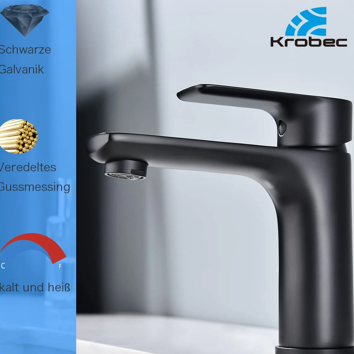Korec Grifo de baño,Grifo de Lavabo,Grifo Monomando de Lavabo, Grifo Monomando Lavabo,Grifo Lavabo,Núcleo de válvula de latón y cerámica,Conexión EU 3/8″(negro mate).