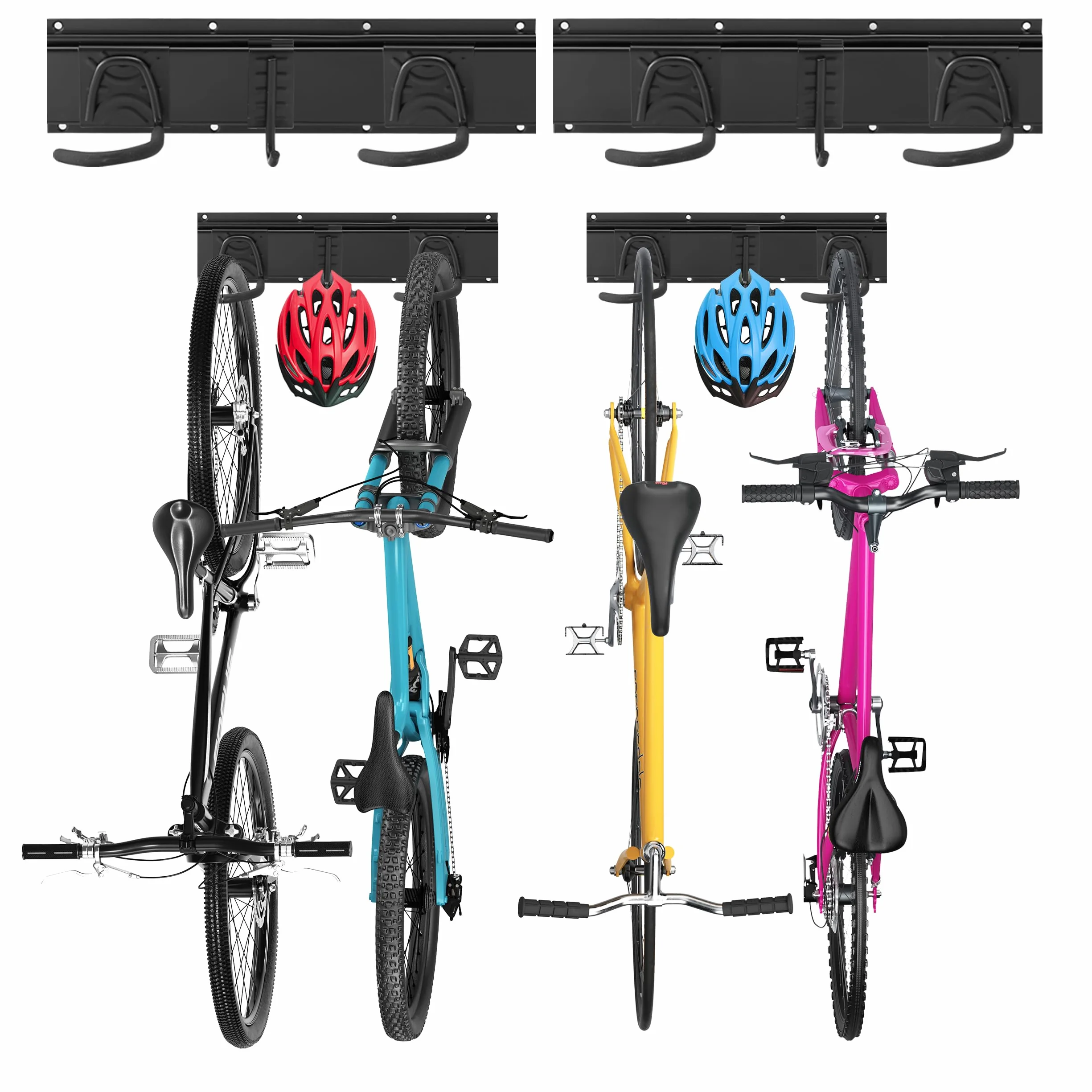 Sinoer Soporte de pared para bicicletas, soporte mural para 4 bicicletas + 2 cascos, colgador de pared resistente para bicicletas, gancho de acero macizo, 2 raíles de 16 pulgadas