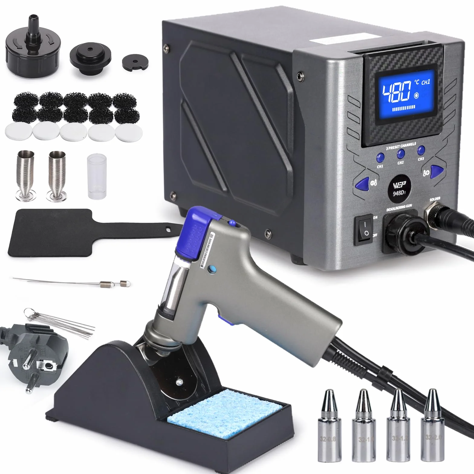 WEP 948D-I 110W Estacion de desoldadura de alta potencia con 4 boquillas de desoldado, control de temperatura con 3 canales preconfigurados, pantalla inclinable, a prueba de ESD(EU)