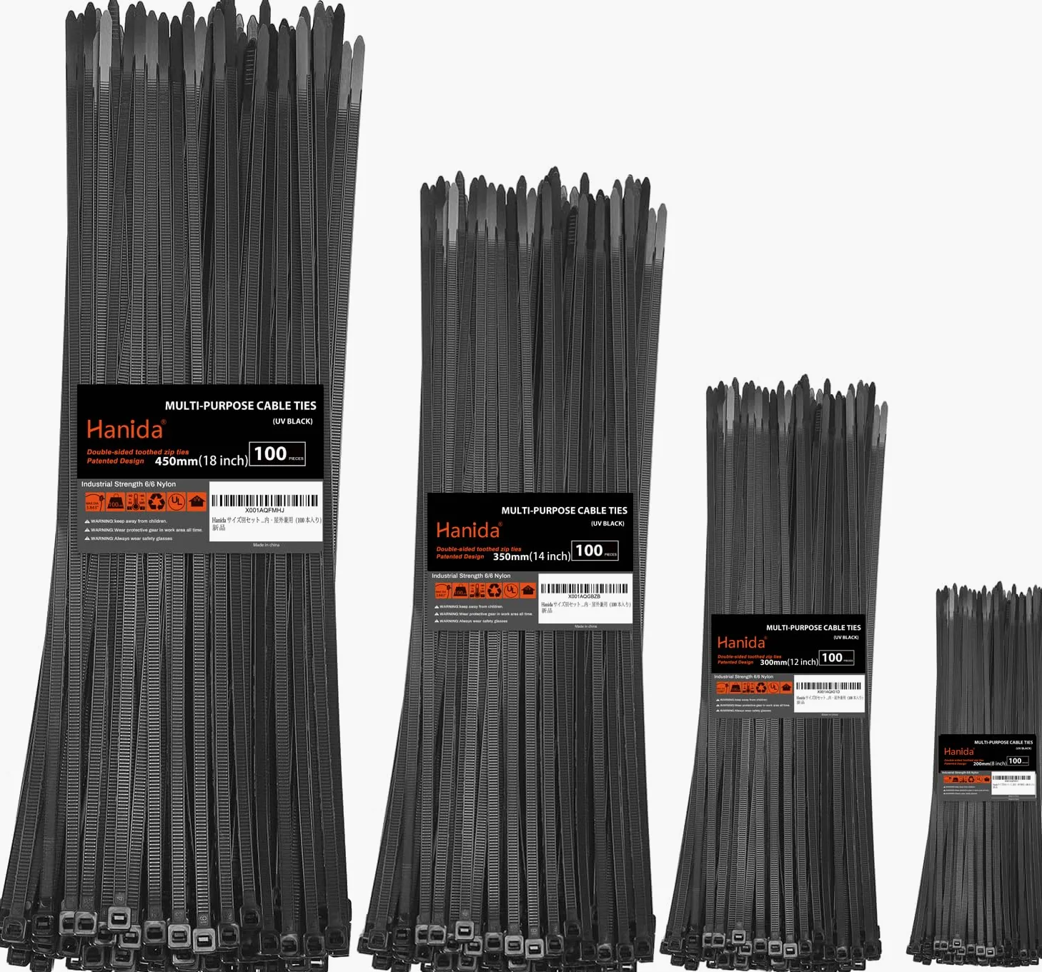bridas plásticas Cierre de zip de 200+300+350+450mm, dentado doble, Atadura de cables Heavy Duty de 45kg con correas de nylon ajustables autobloquantes y para interior/exterior (400 piezas)