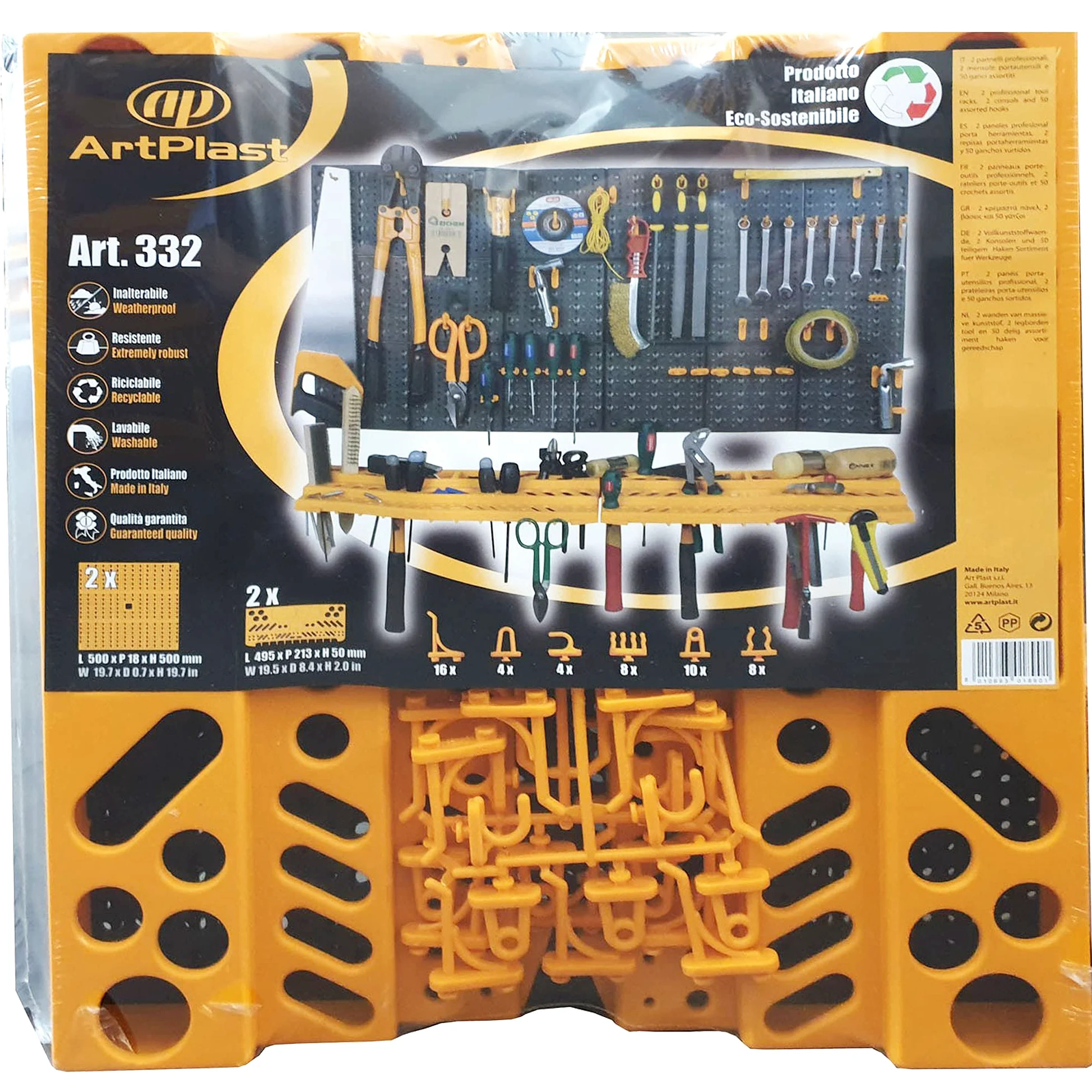 Art Plast 2 paneles en polipropileno L 500 x H 500 mm + 2 estantes + 50 ganchos surtidos, Color Negro / Naranja