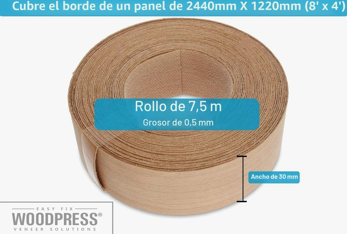 Borde termoadhesivo de madera de cerezo real de 30mm, rollo de 7,5m, cinta de chapa de madera prepegada para una fácil aplicación de bricolaje, cubrirá el borde de un panel de MDF estándar