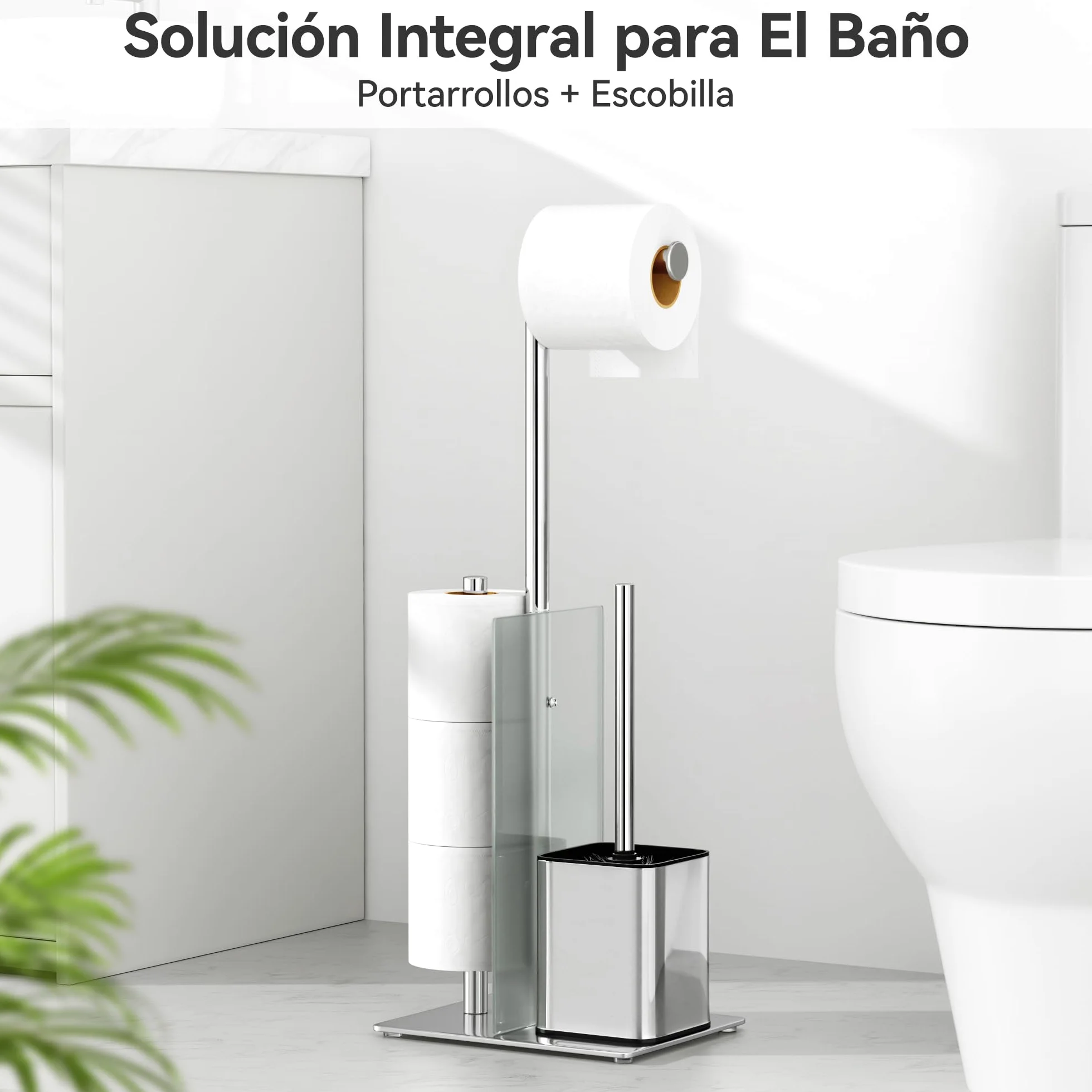 Portarrollos de pie con escobilla para inodoro - Portaescobilla y soporte para rollos de papel higiénico de pie con estante de vidrio, sin necesidad de taladrar, juego de accesorios para inodoro de