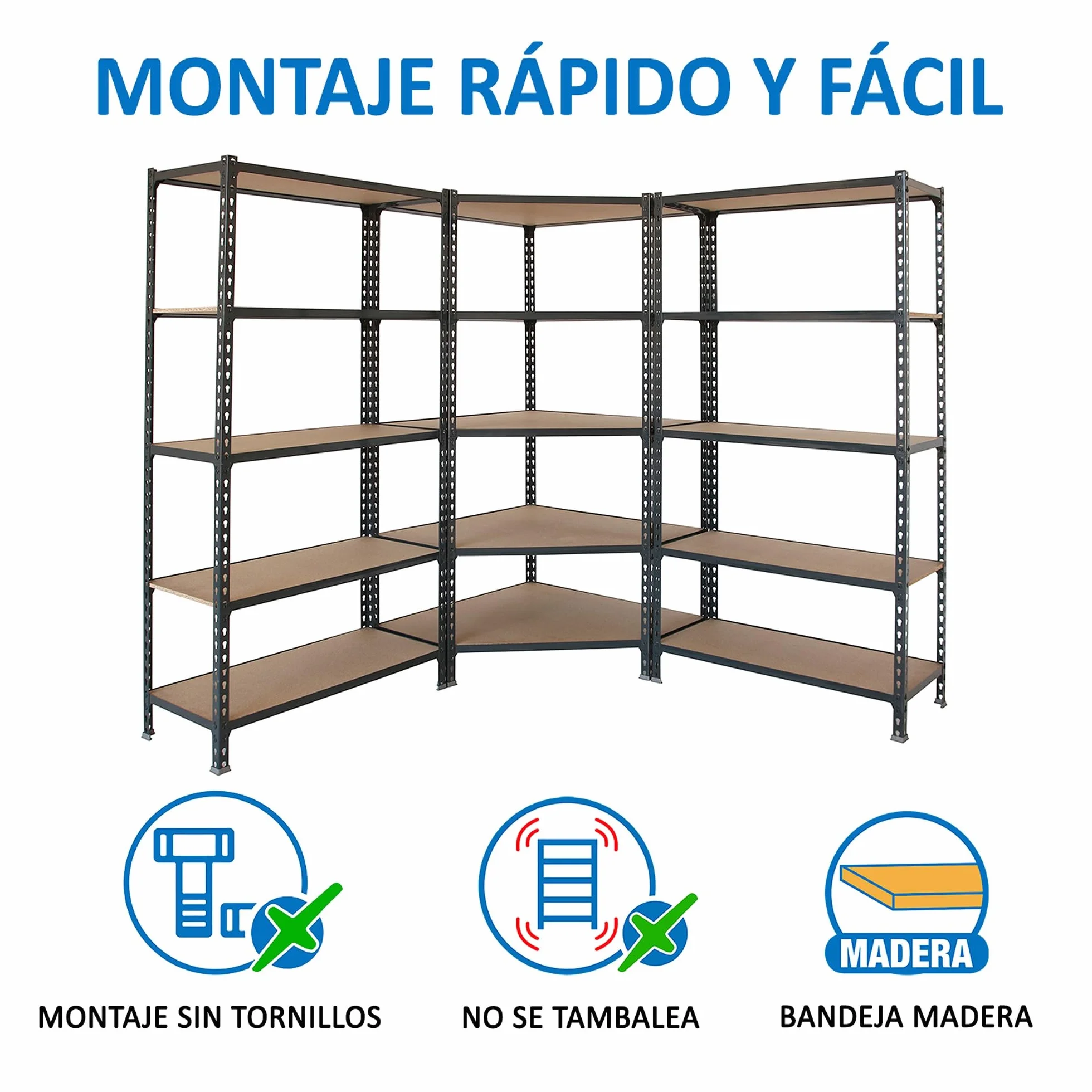 Simon Rack Estanteria Esquina Metalica, 1800x1800x500 mm, 5 Baldas Madera, 200 kg de Punto Flexión, Estanterías Almacenaje, 1 Módulo Extra, Antracita/Madera - Maderclick Corner