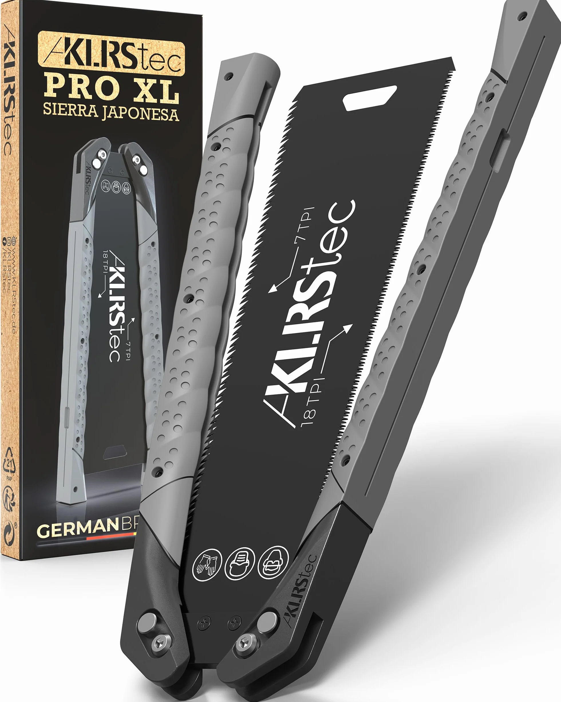 KLRStec Sierra japonesa PRO XL - Hoja de sierra dentada de doble cara [240mm] de acero al carbono - Sierra de tracción plegable con mango de TPU antideslizante
