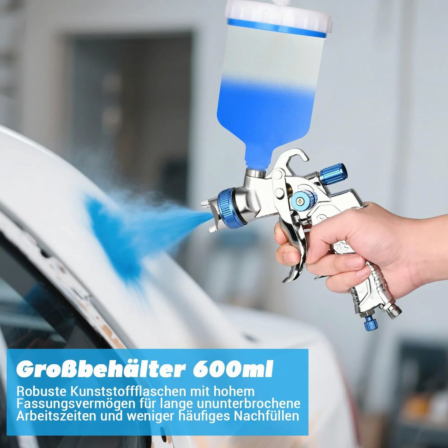 HVLP - Pistola pulverizadora con 3 boquillas (1,4/1,7/2,0 mm) – Pistola de pintura profesional de aire comprimido con vaso de plástico de 600 ml, presión de aire ajustable y flujo, acero