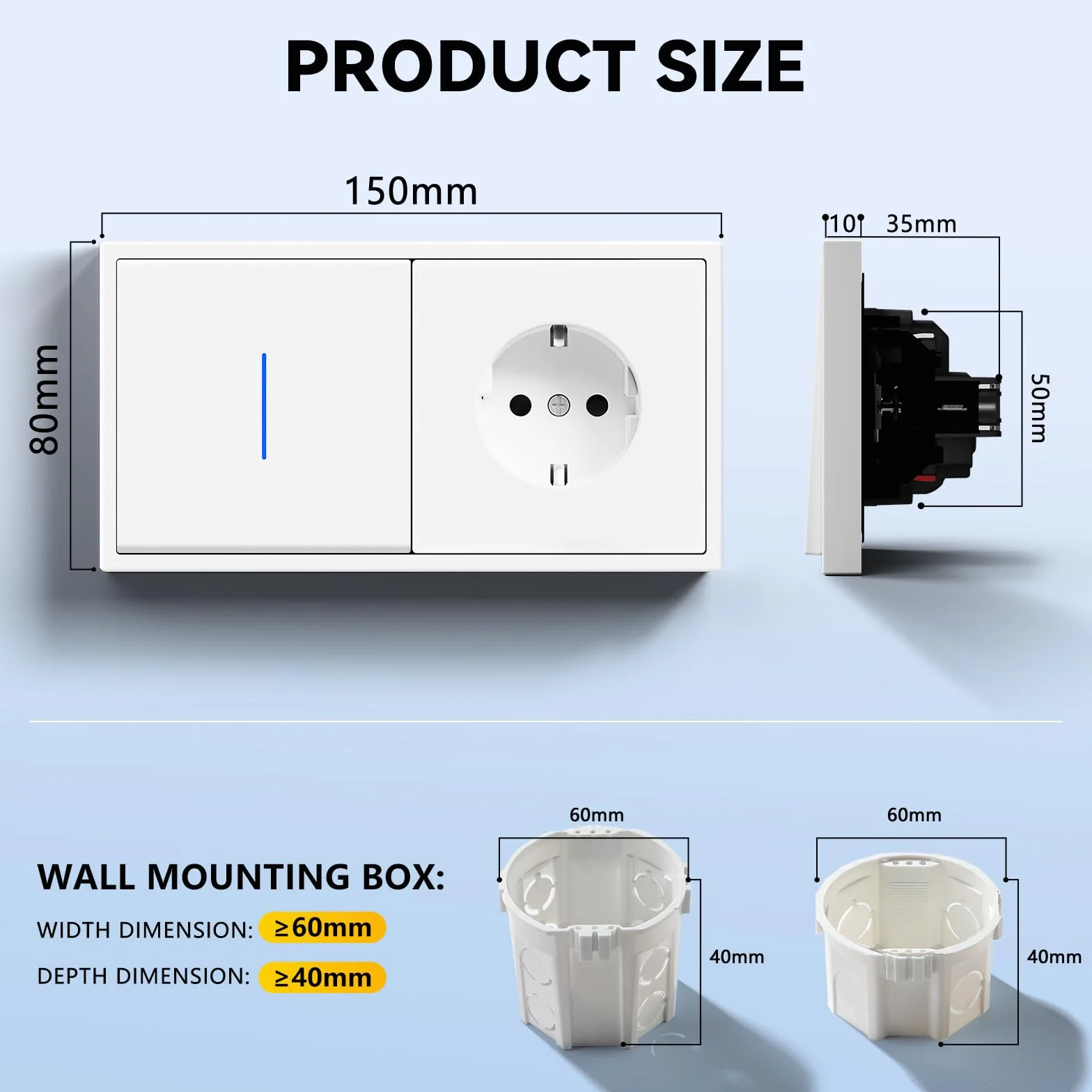Interruptor con Enchufe Pared 1 Gang 1 Vía 150x80mm LED Blanco