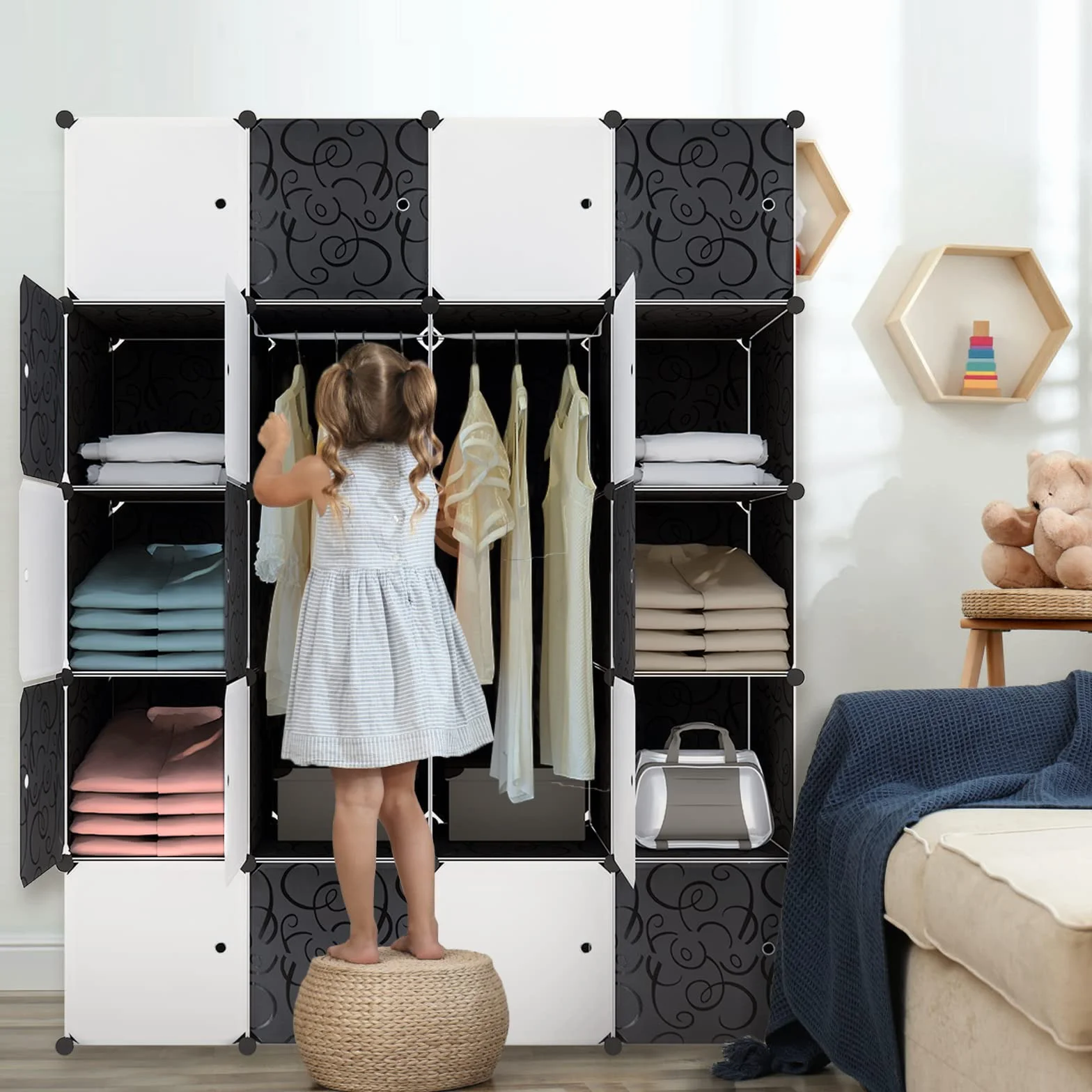 Armario sistema de estanterías con puertas de plástico PP para guardar ropa, libros, 20 cajas con puerta, 2 barras negras