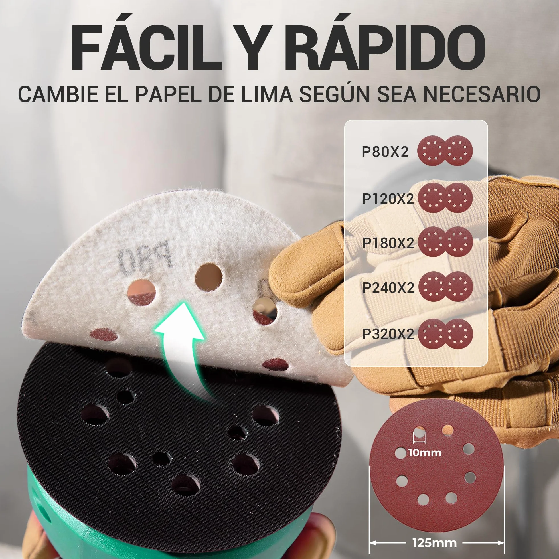 DCA Lijadora Orbital 300W, 6 Velocidades 12000RPM Lijadora Madera, Lijadora Eléctrica con Recogida de Polvo, 10psc 125MM Lija para superficies de madera y acero, lijado y pulido de madera, DIY