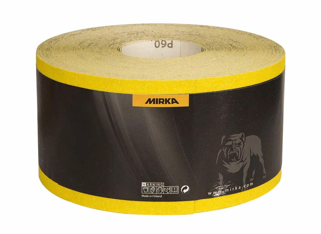 Mirka Yellow Rollo de papel de lija / 115mm x 50m / P120 / lijado de madera dura, madera blanda, pintura, masilla, plástico / 1 rollo