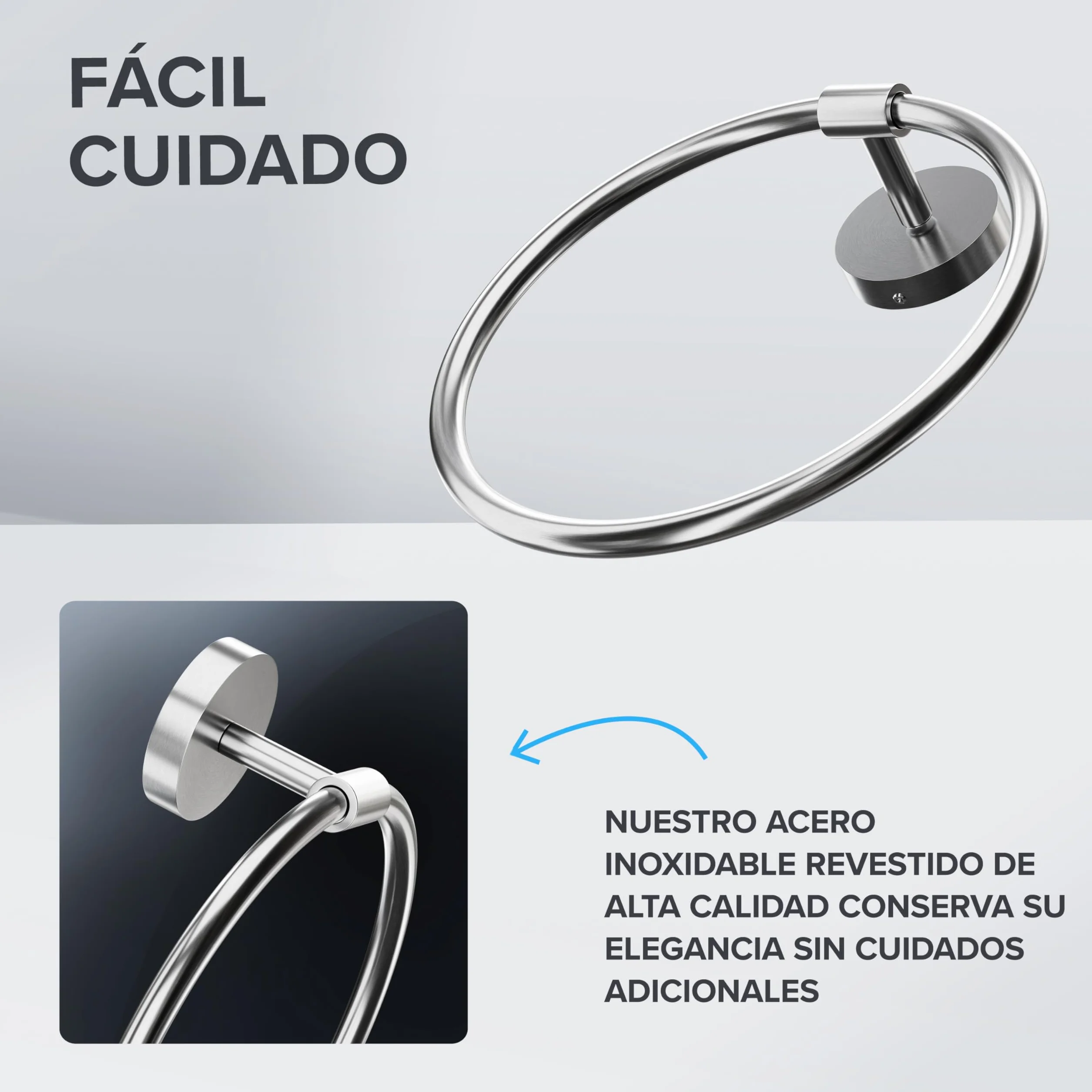 Ovimarin Anillo de toalla Rubjerg rectangular acero inoxidable plateado toallero para taladrar fijación en la pared baño