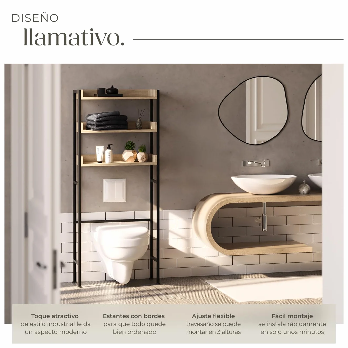 Estanteria baño Estilo Industrial Tres Estantes Compacto Ajustable Antivuelco Montaje Rápido 165,5x25x67cm Madera Roble Sonoma