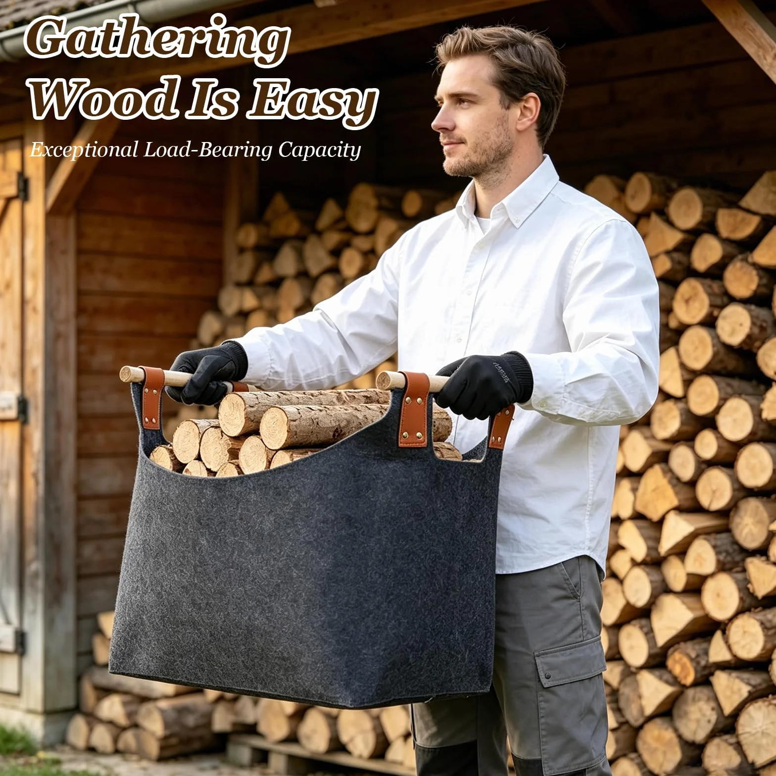 Canasta De Leña 45 x 32 x 40 cm 60L, Cesta de fieltro Fieltro extra grueso y asa reforzada, Cesto para leña plegable Bolsa, para Guardar Periódicos y la Chimenea