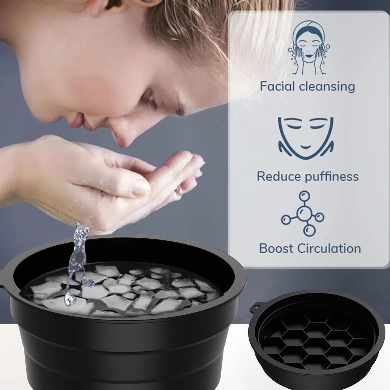 Cuenco facial de hielo, cuencos de inmersión de hielo de cara fría, 8.4 x 3.94 pulgadas, lavabo reafirmante de silicona para la belleza, diseño portátil ligero, ideal para el hogar, vacaciones, viajes