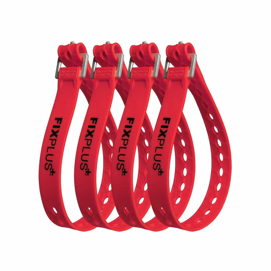 Fixplus Strap Paquete de 4 - Correa de sujeción para asegurar, Sujetar, agrupar y trincar, a Base de Material plástico Especial con Hebilla de Aluminio 46cm x 2.4cm (Rojo)