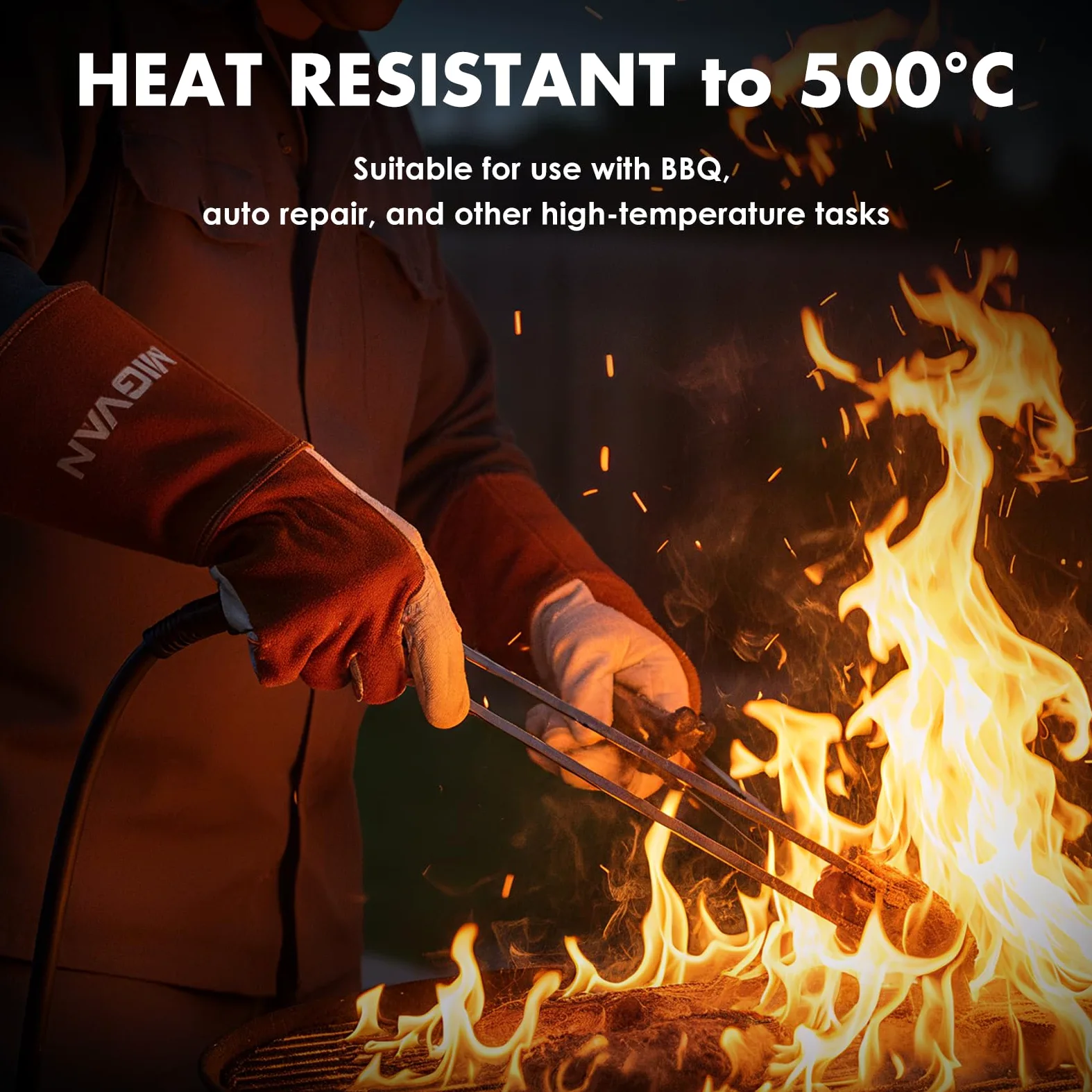 Guantes de soldadura de cuero vacuno – Guantes largos ignífugos para soldadura MIG/TIG, barbacoa, chimenea, horno y cocina – Resistentes al calor, unisex, talla M
